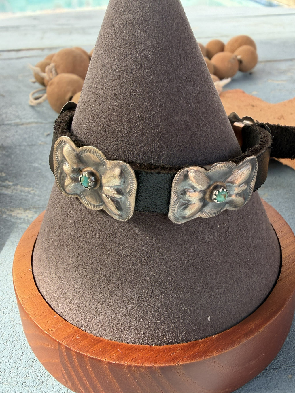 *Native American Made* Navajo Joan Begay:  Leather Bracelet with Sterling Silver Conchos and Turquoise