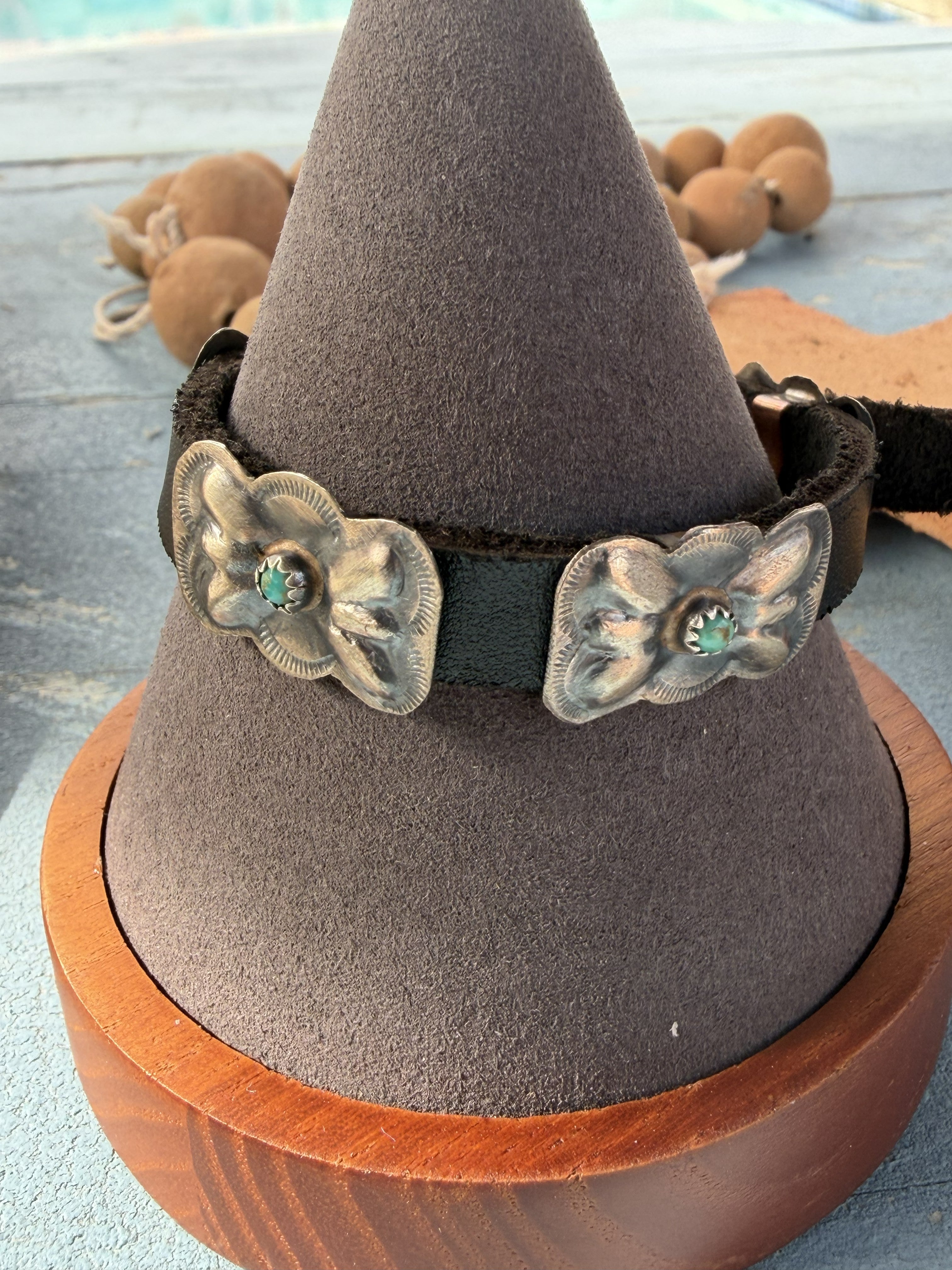 *Native American Made* Navajo Joan Begay:  Leather Bracelet with Sterling Silver Conchos and Turquoise