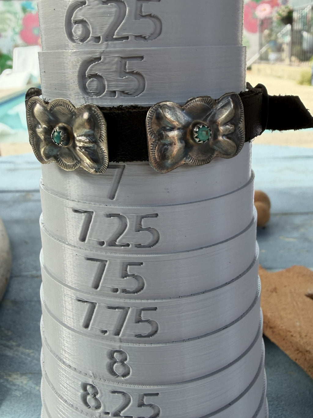 *Native American Made* Navajo Joan Begay:  Leather Bracelet with Sterling Silver Conchos and Turquoise