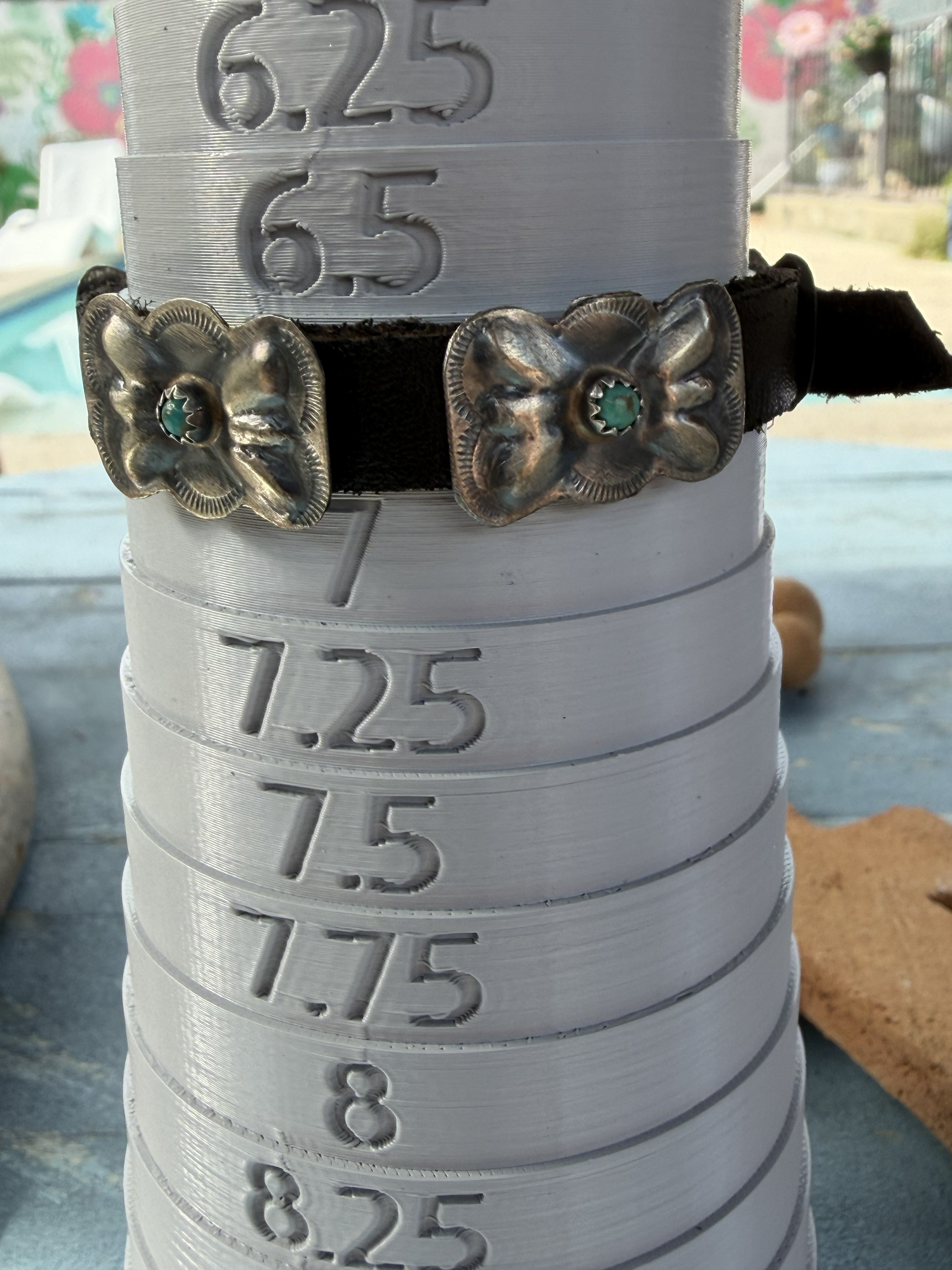 *Native American Made* Navajo Joan Begay:  Leather Bracelet with Sterling Silver Conchos and Turquoise