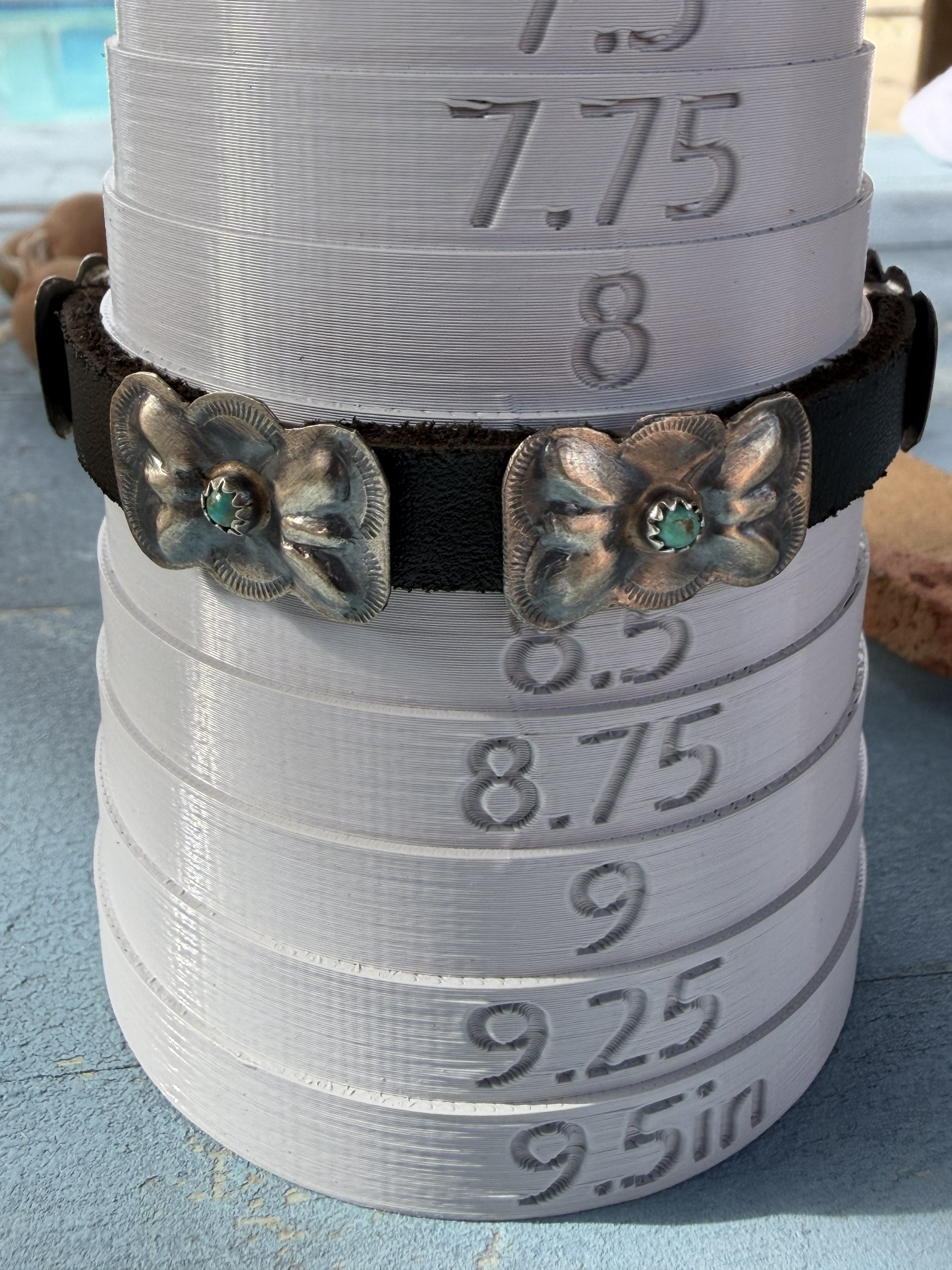 *Native American Made* Navajo Joan Begay:  Leather Bracelet with Sterling Silver Conchos and Turquoise