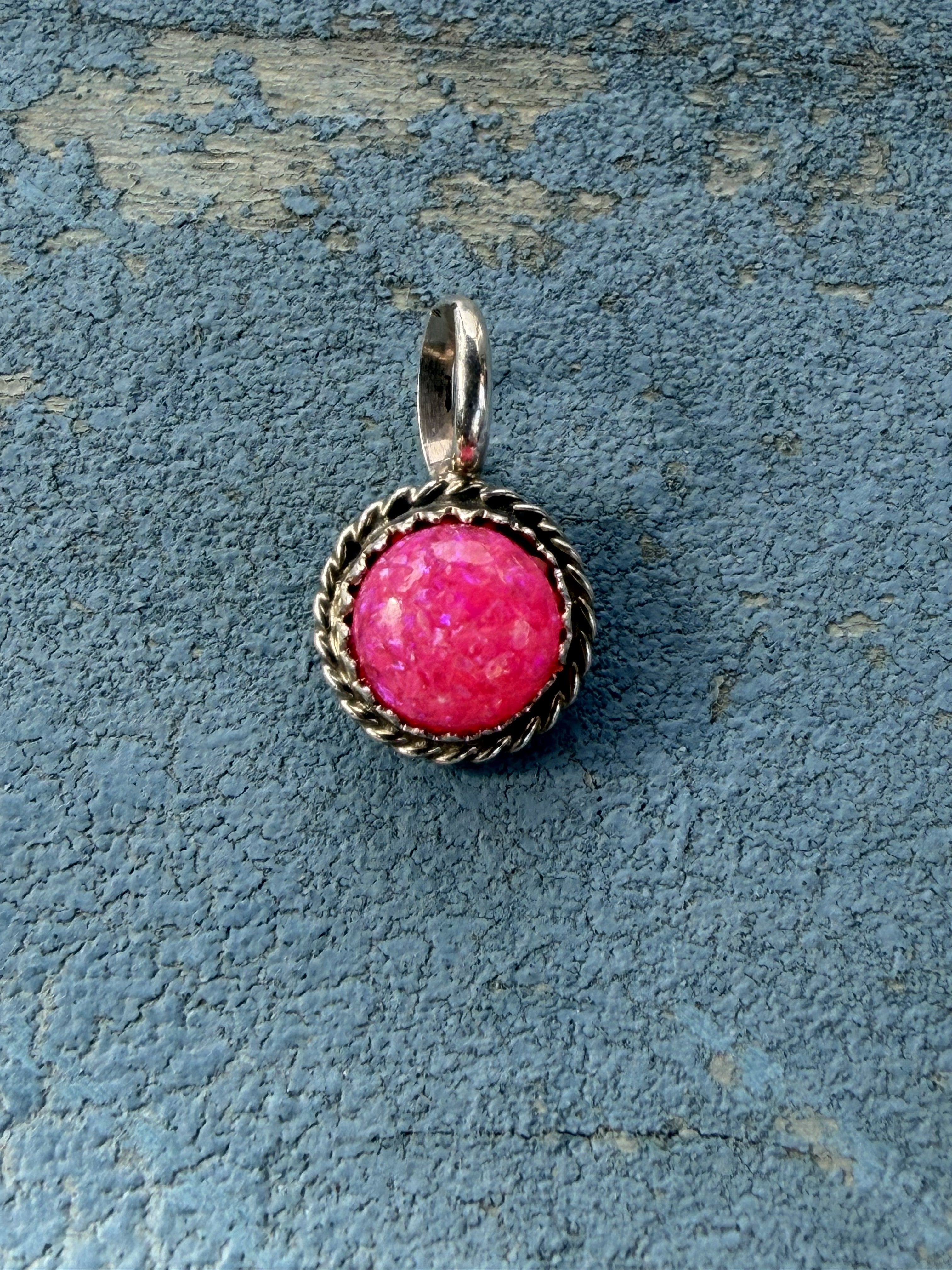 Small Round Pink Opal and Sterling Silver Pendant