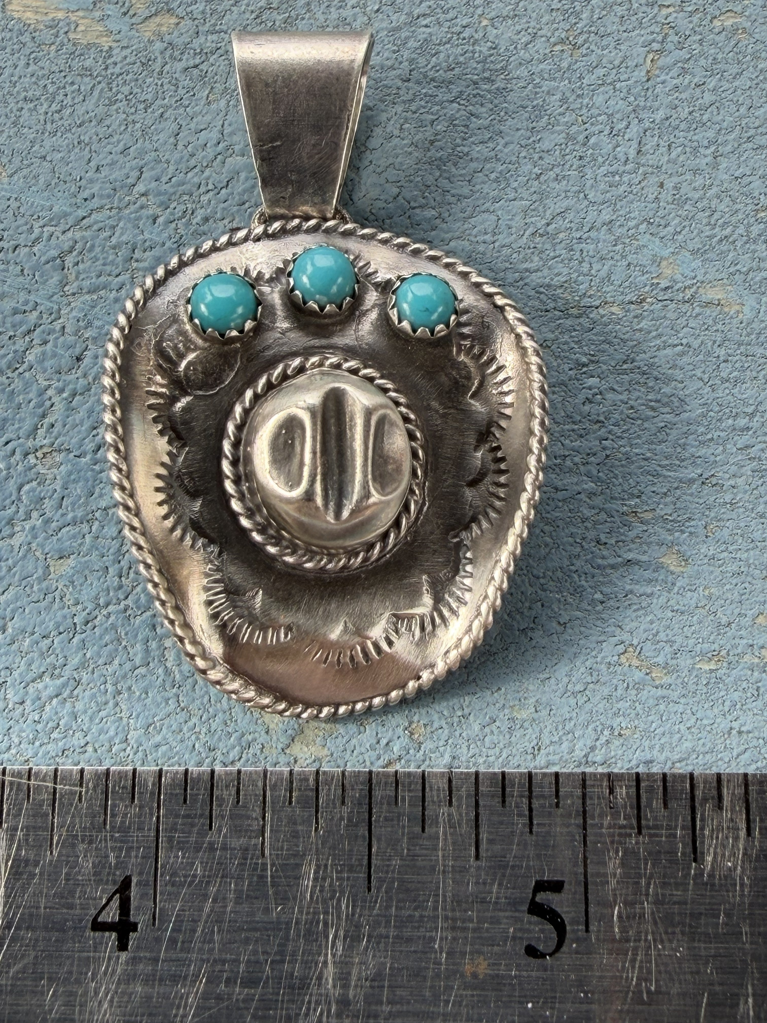 *Native American Made*  Navajo Bobby Platero Cowboy Hat Pendant with Kingman Turquoise