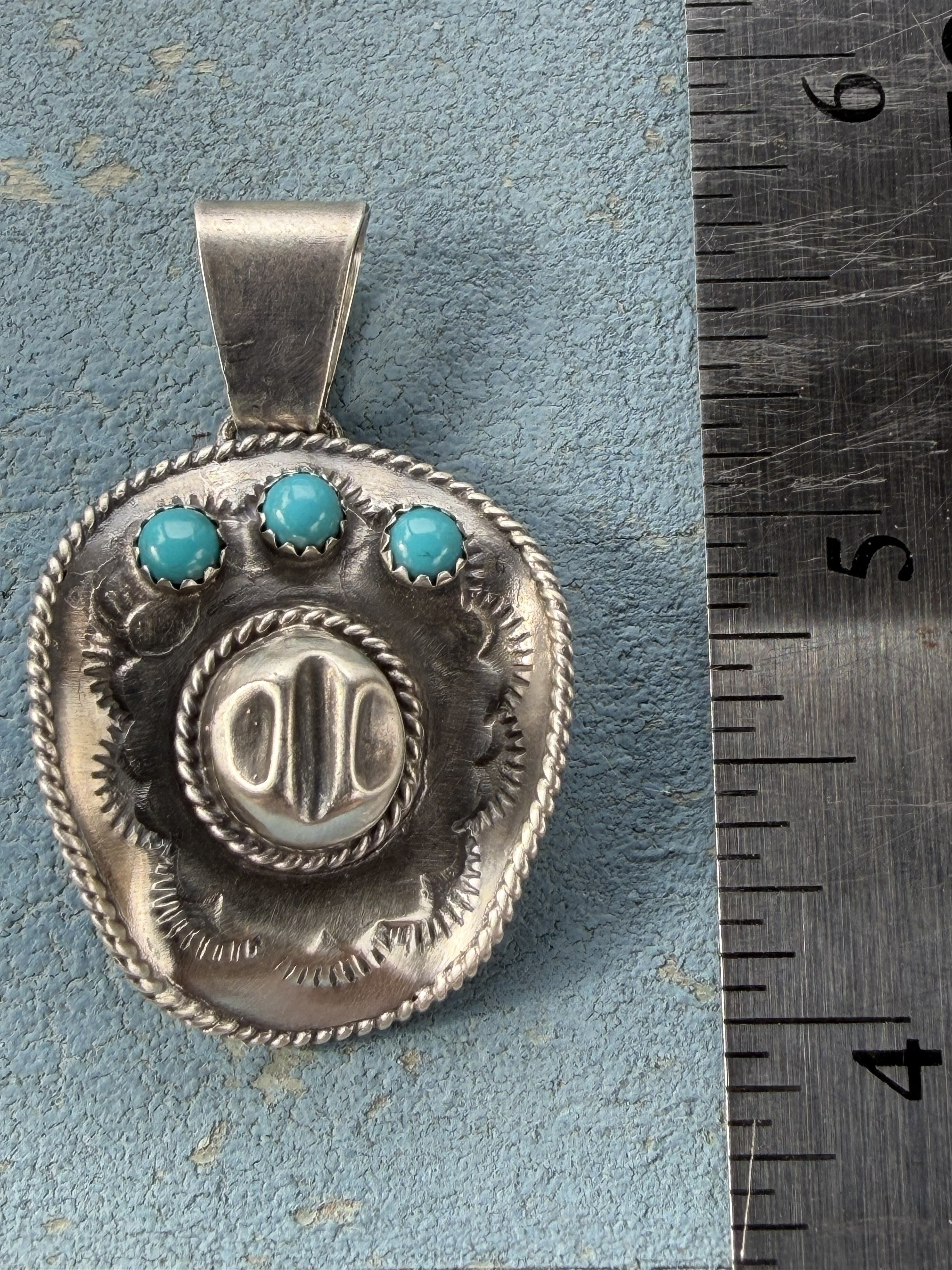 *Native American Made*  Navajo Bobby Platero Cowboy Hat Pendant with Kingman Turquoise
