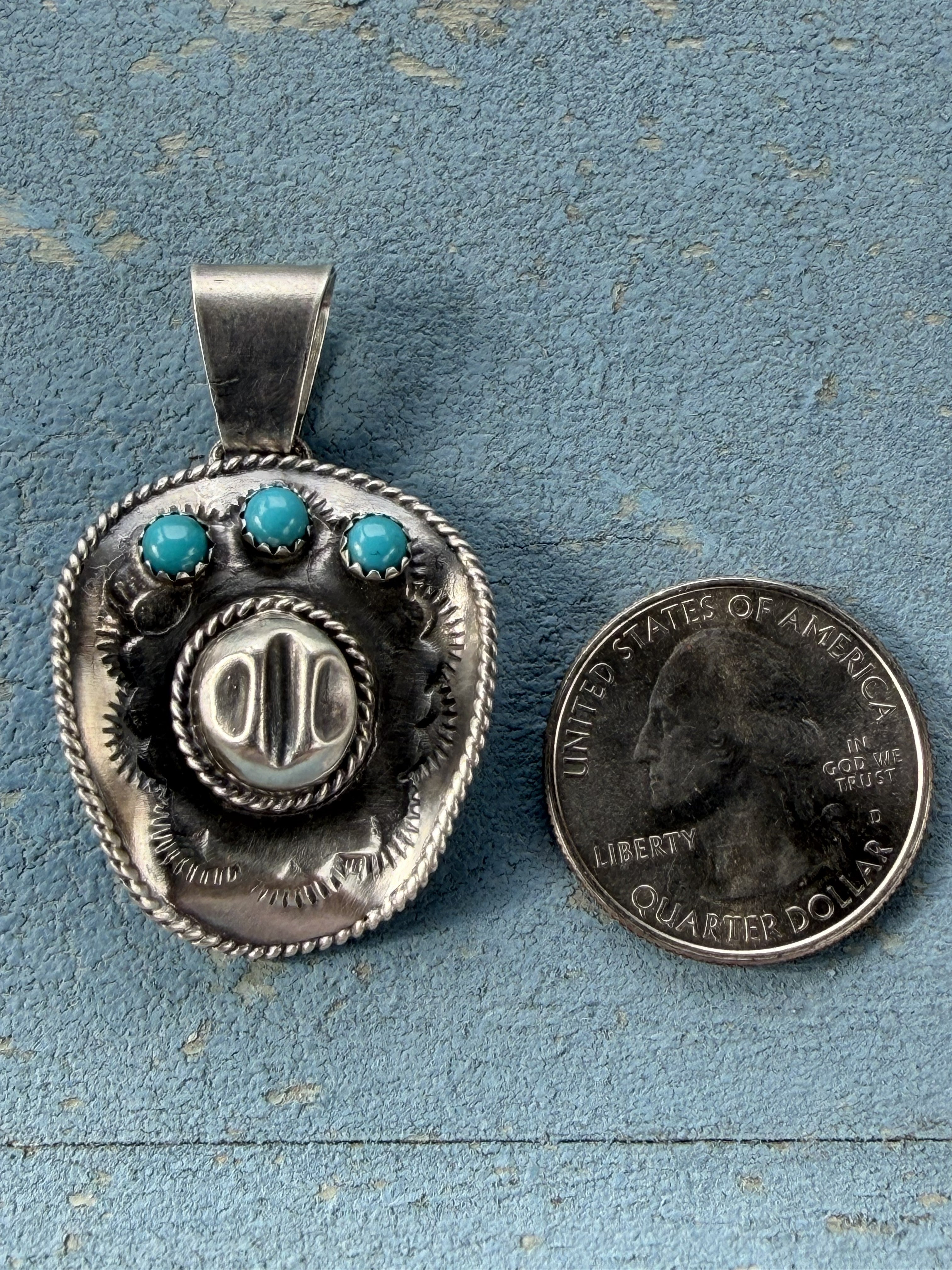 *Native American Made*  Navajo Bobby Platero Cowboy Hat Pendant with Kingman Turquoise