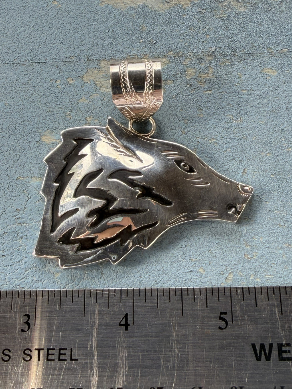 *Native American Made* Navajo Alvin Lee Wolf Head Sterling Silver Pendant
