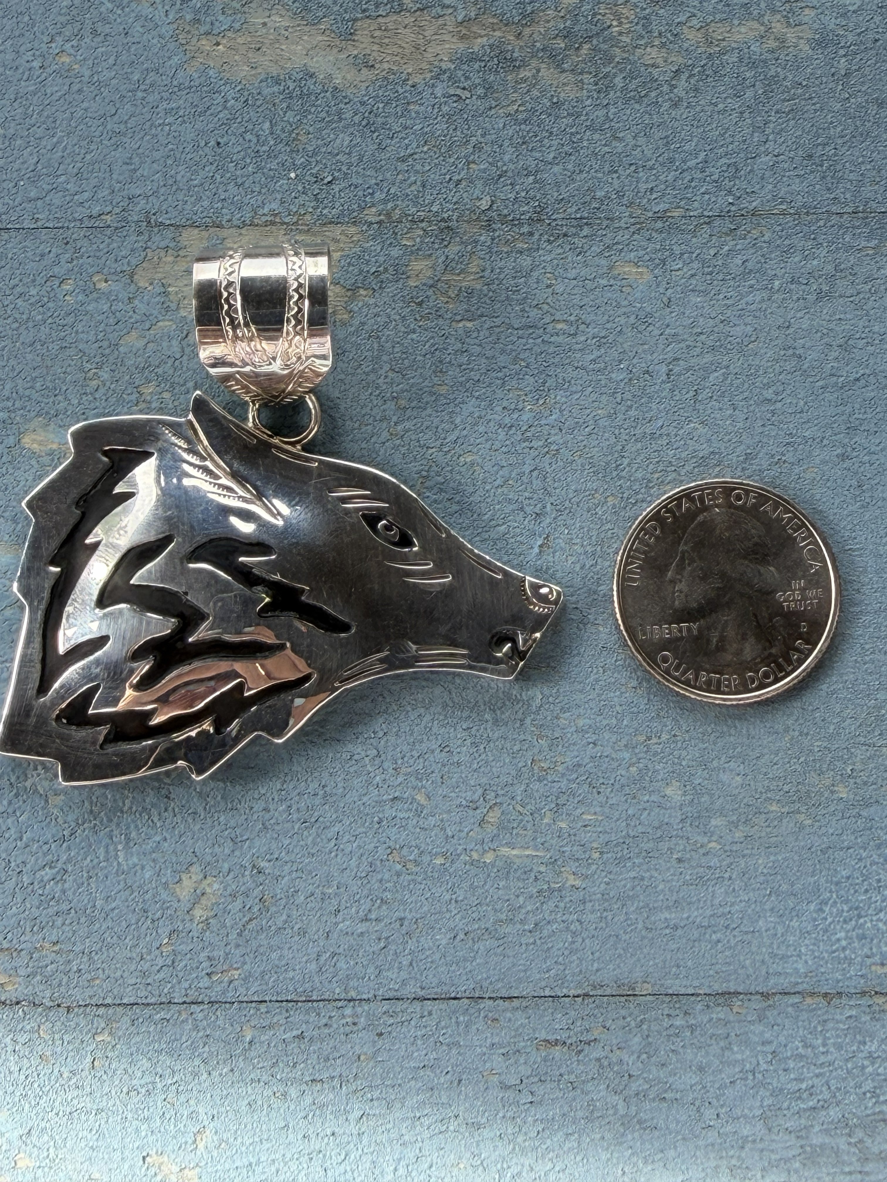 *Native American Made* Navajo Alvin Lee Wolf Head Sterling Silver Pendant