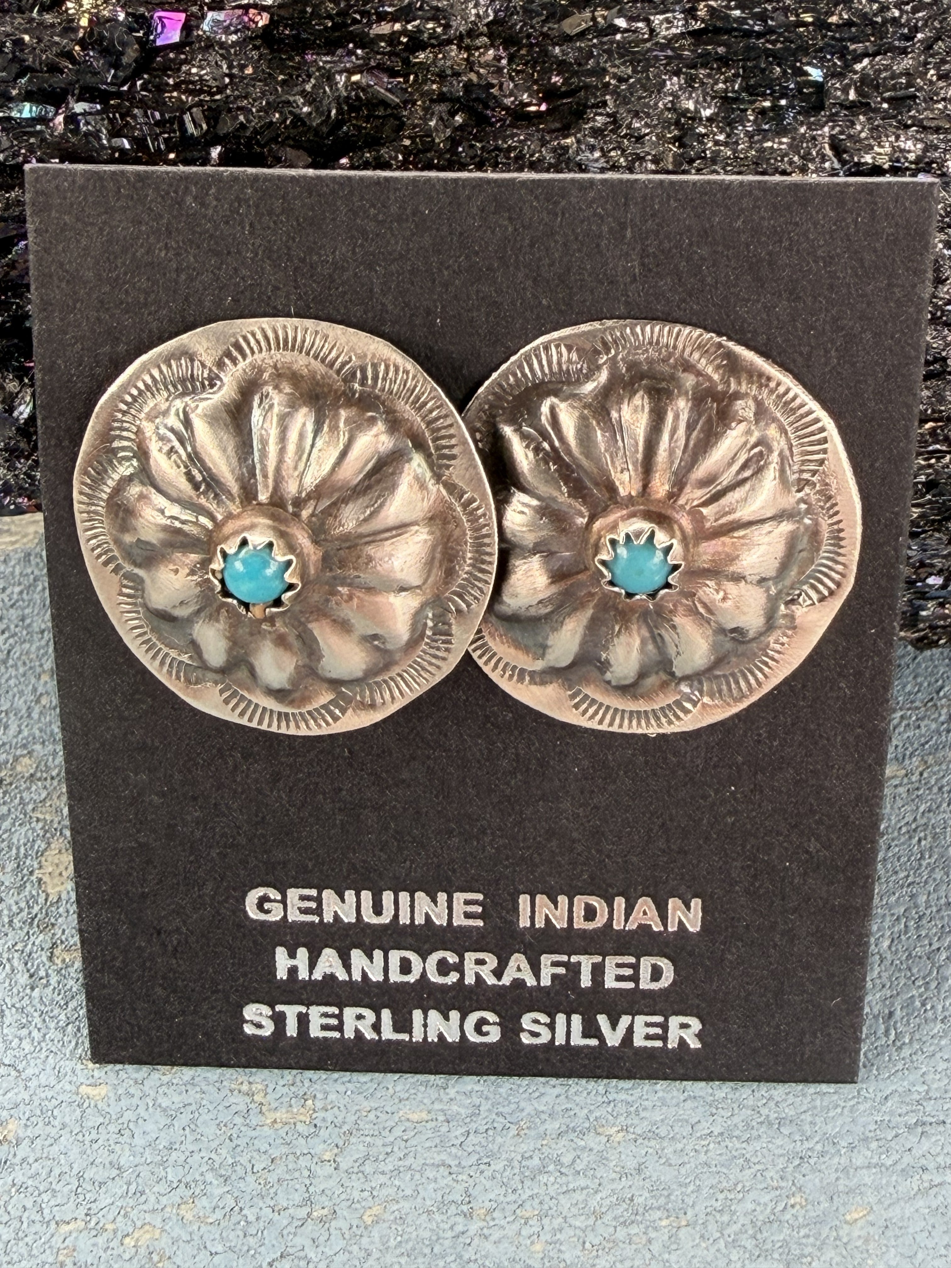 *Native American Made*  Navajo Joan Begay:  Small Sterling Silver with Turquoise Concho Stud Earrings