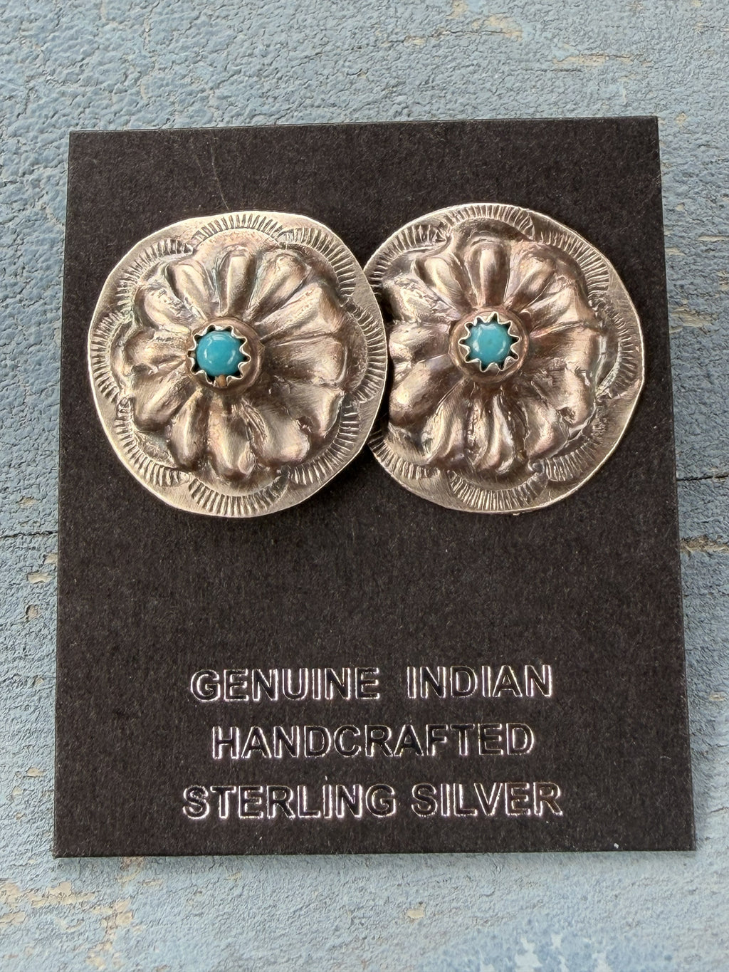 *Native American Made*  Navajo Joan Begay:  Small Sterling Silver with Turquoise Concho Stud Earrings