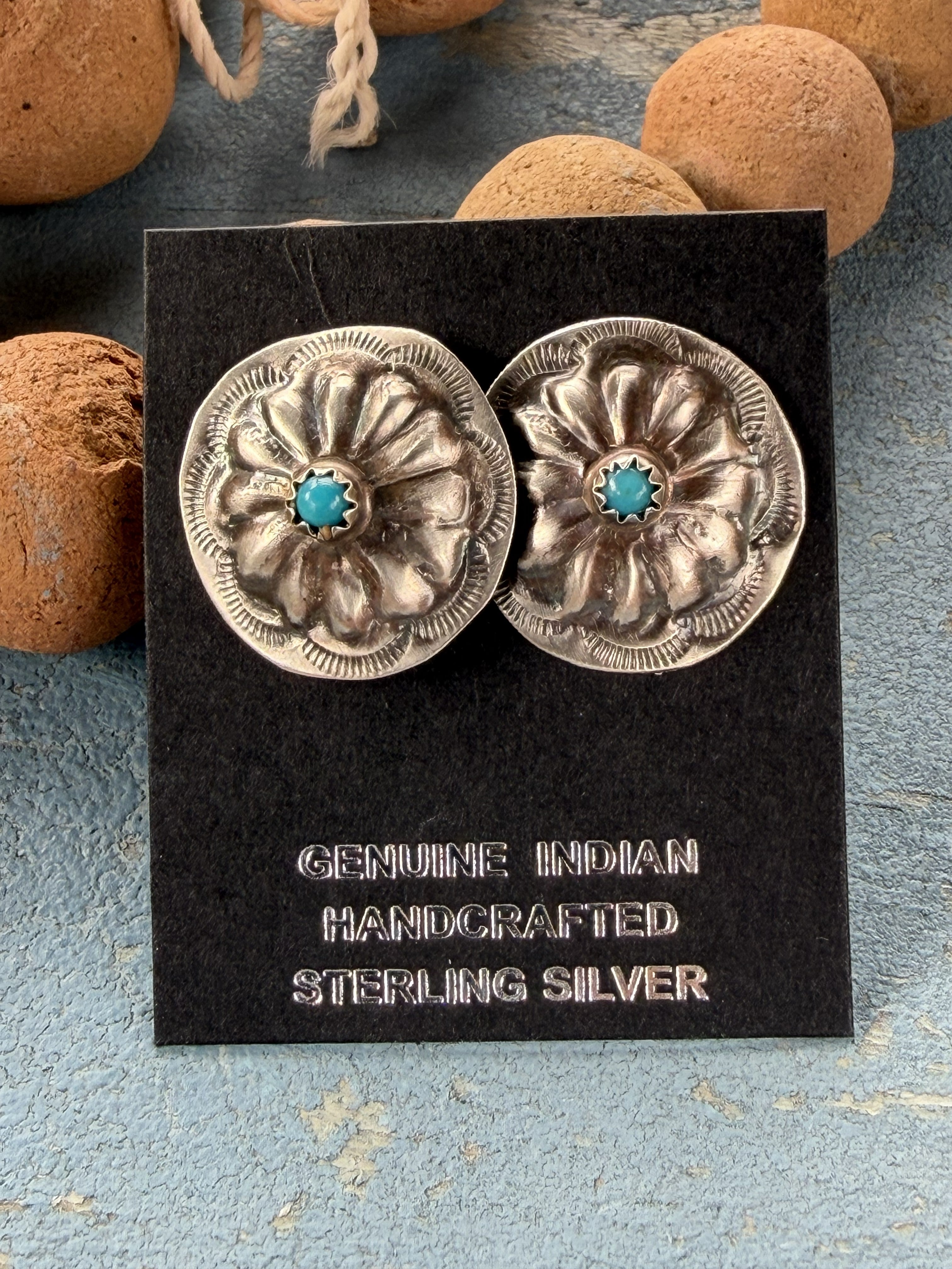 *Native American Made*  Navajo Joan Begay:  Small Sterling Silver with Turquoise Concho Stud Earrings