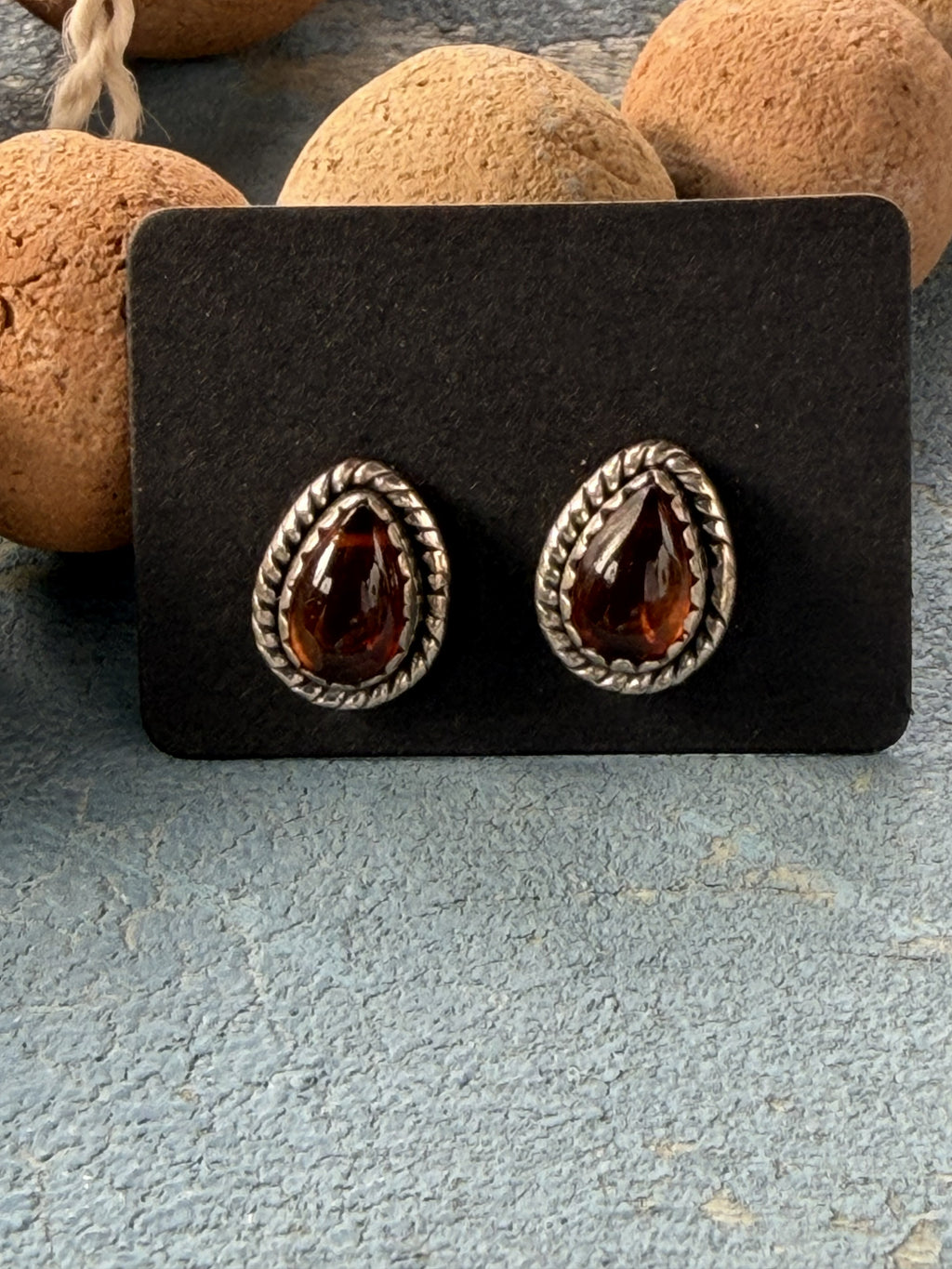 Sterling Silver with Amber Tear Drop Stud Earrings