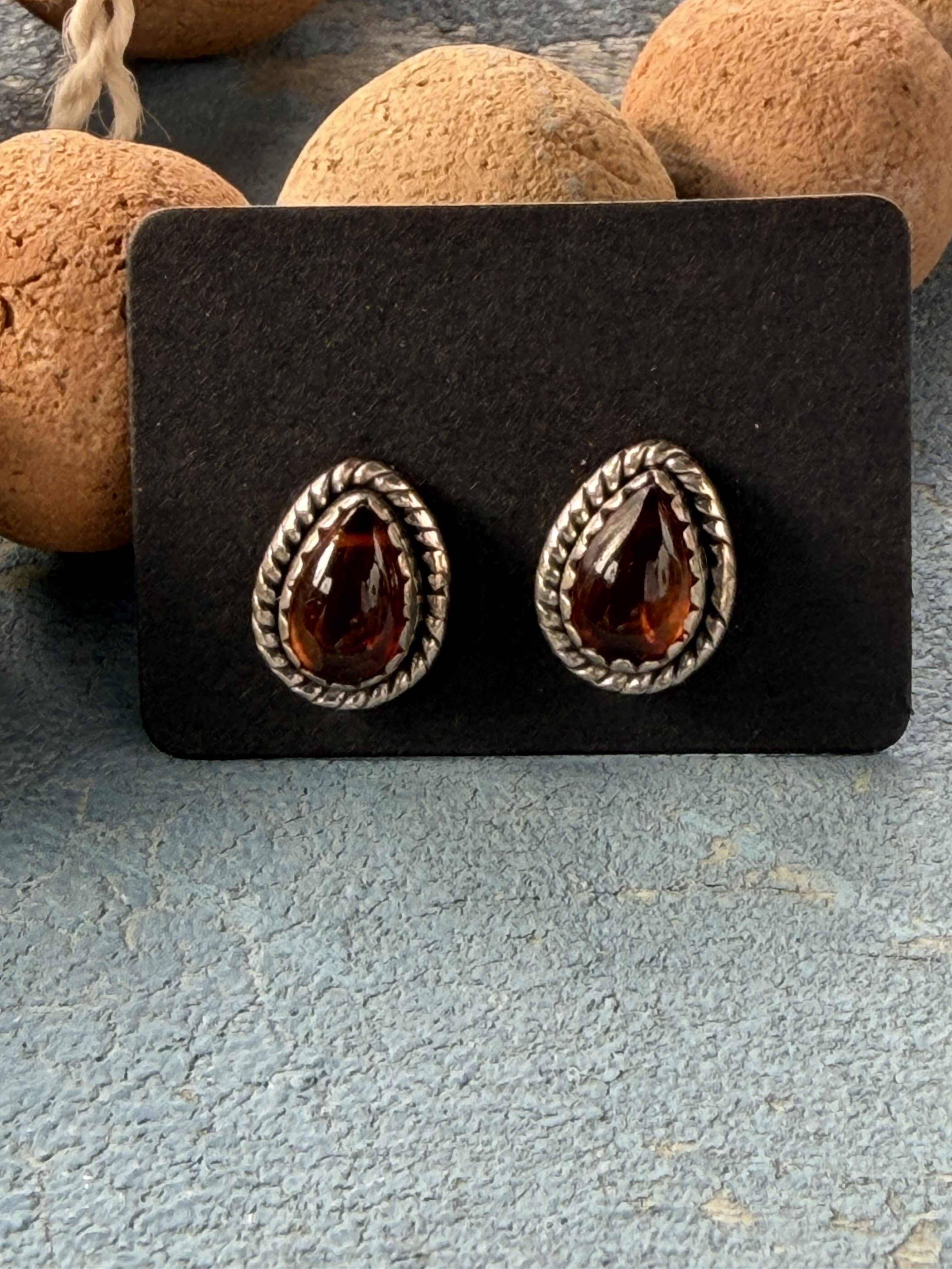 Sterling Silver with Amber Tear Drop Stud Earrings