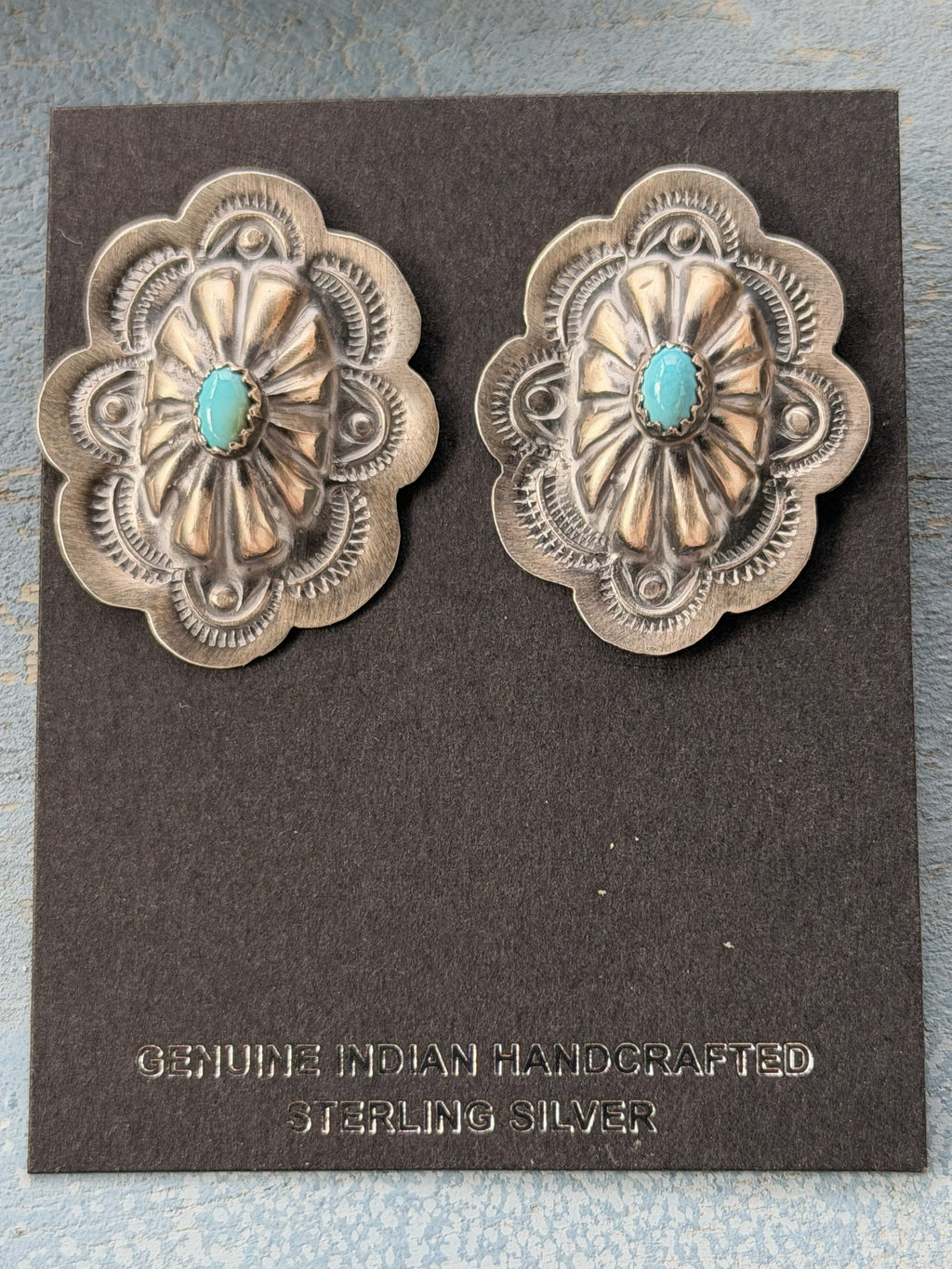 *Native American Made*  Navajo Lavina Benally:  Medium Oval Concho Sterling Silver with Sleeping Beauty Turquoise  Stud Earrings