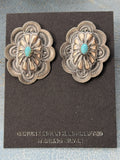 *Native American Made*  Navajo Lavina Benally:  Medium Oval Concho Sterling Silver with Sleeping Beauty Turquoise  Stud Earrings