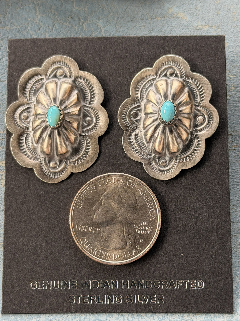 *Native American Made*  Navajo Lavina Benally:  Medium Oval Concho Sterling Silver with Sleeping Beauty Turquoise  Stud Earrings