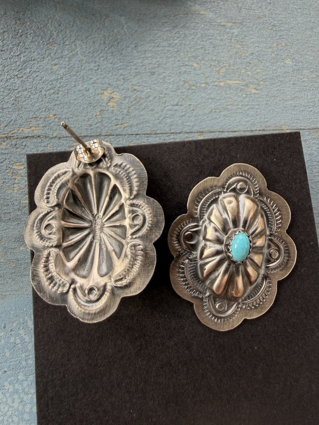 *Native American Made*  Navajo Lavina Benally:  Medium Oval Concho Sterling Silver with Sleeping Beauty Turquoise  Stud Earrings