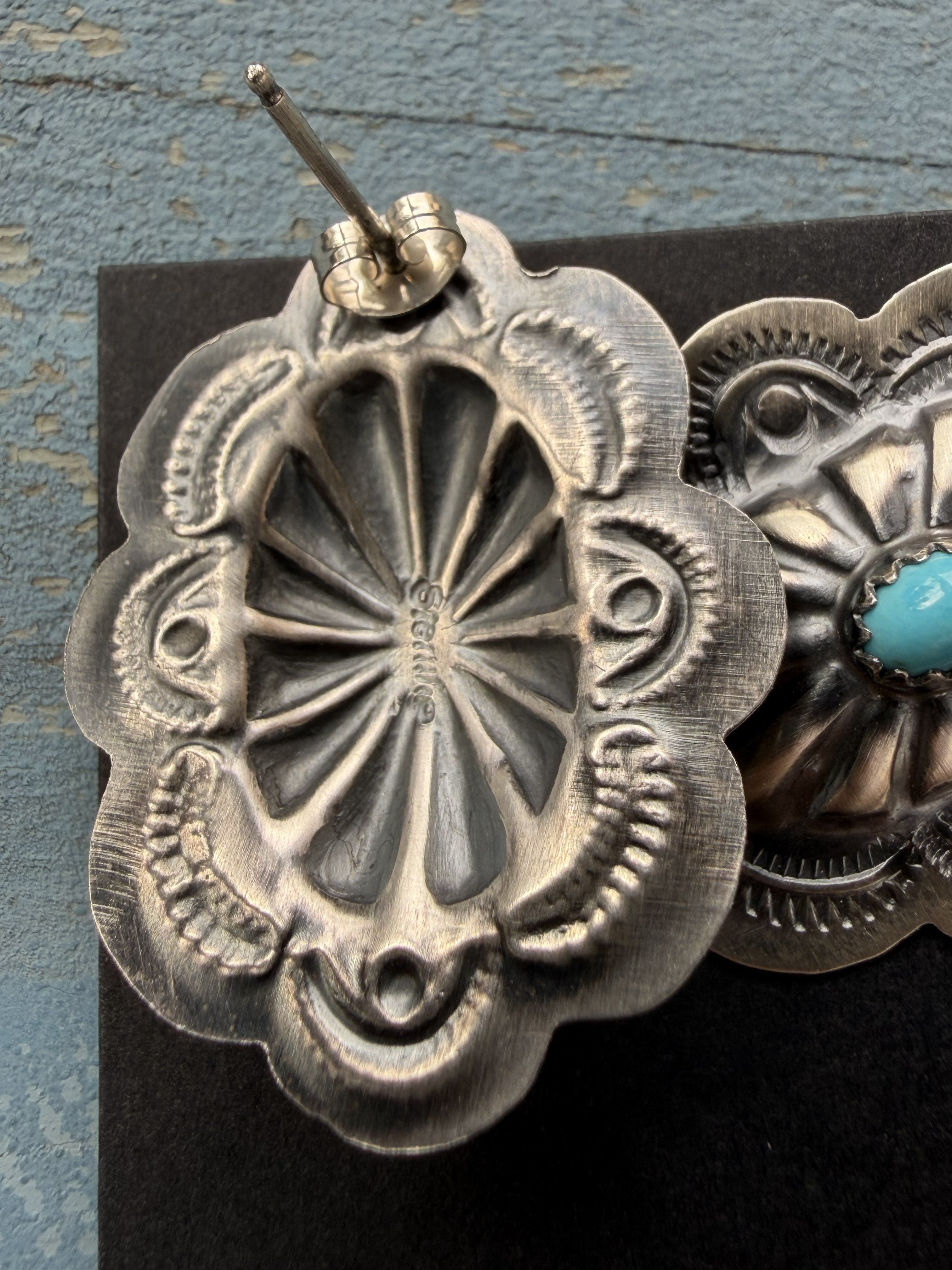 *Native American Made*  Navajo Lavina Benally:  Medium Oval Concho Sterling Silver with Sleeping Beauty Turquoise  Stud Earrings