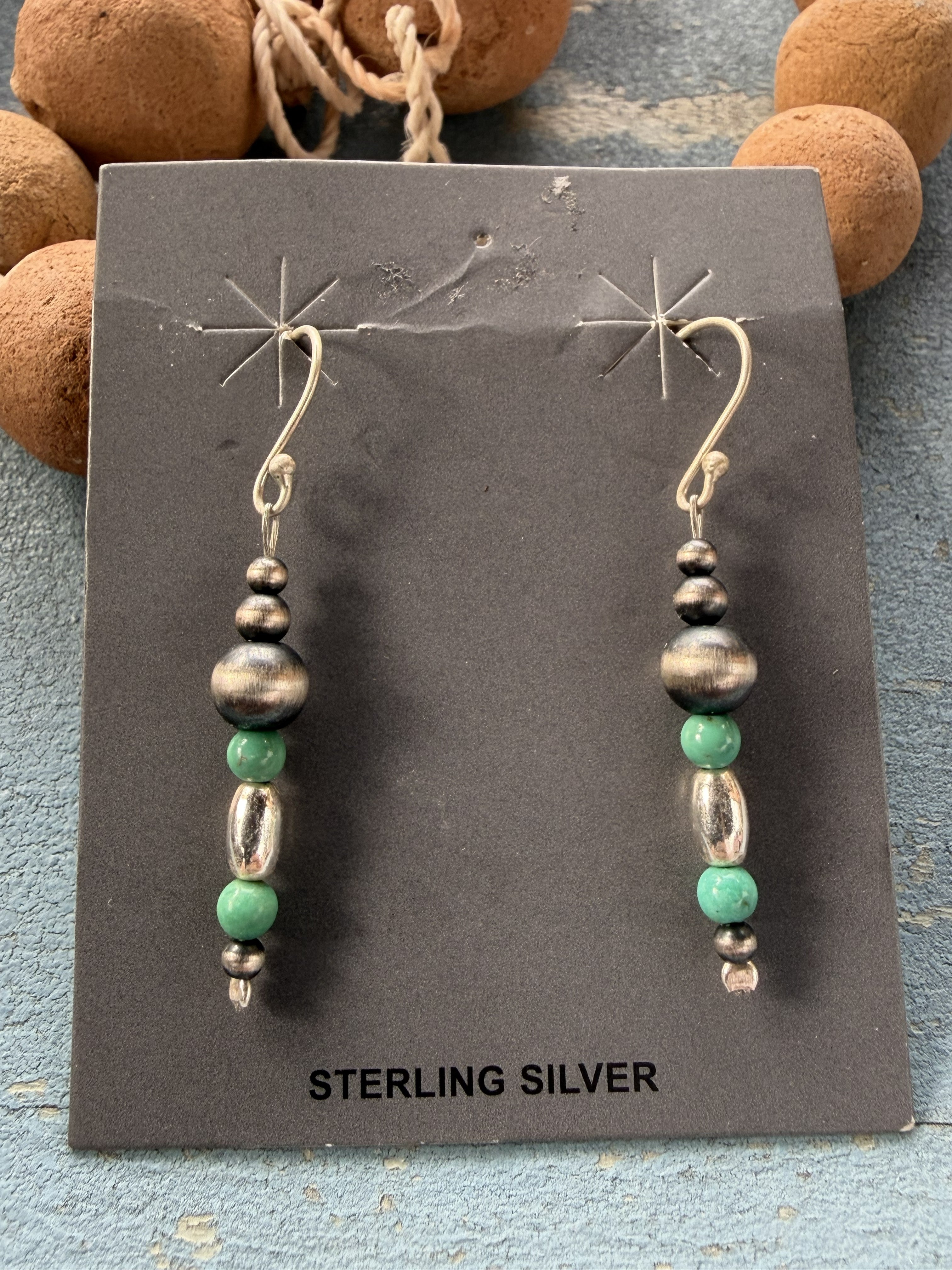 Sterling Silver Pearls with Green Turquoise Nugget Dangle Earrings