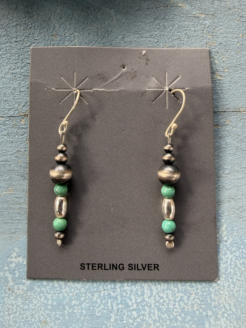 Sterling Silver Pearls with Green Turquoise Nugget Dangle Earrings