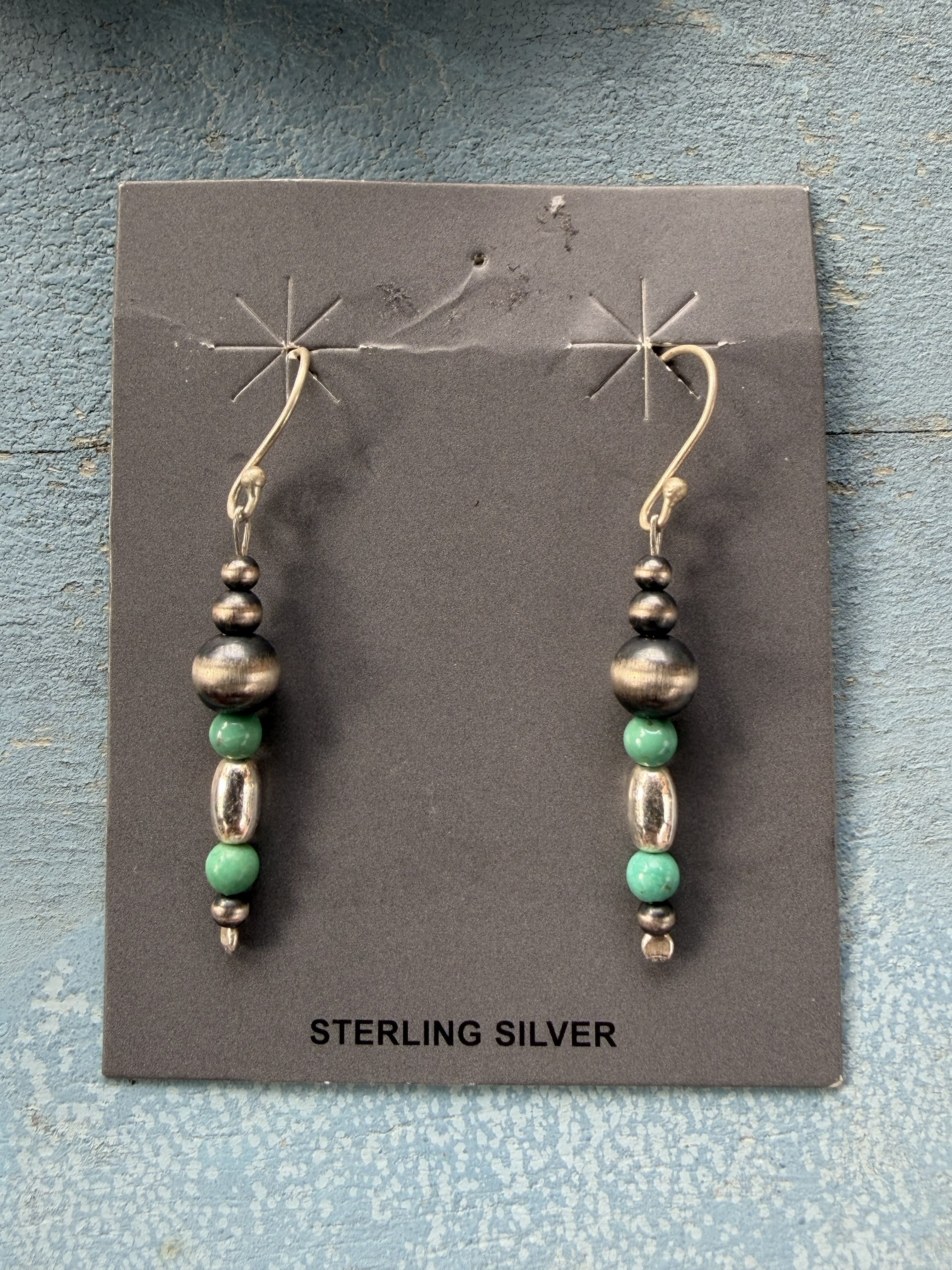 Sterling Silver Pearls with Green Turquoise Nugget Dangle Earrings