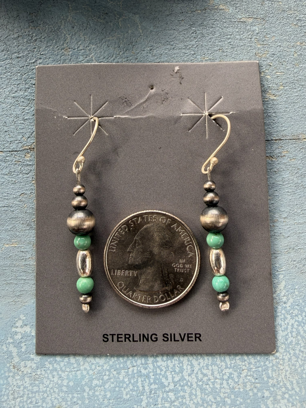 Sterling Silver Pearls with Green Turquoise Nugget Dangle Earrings