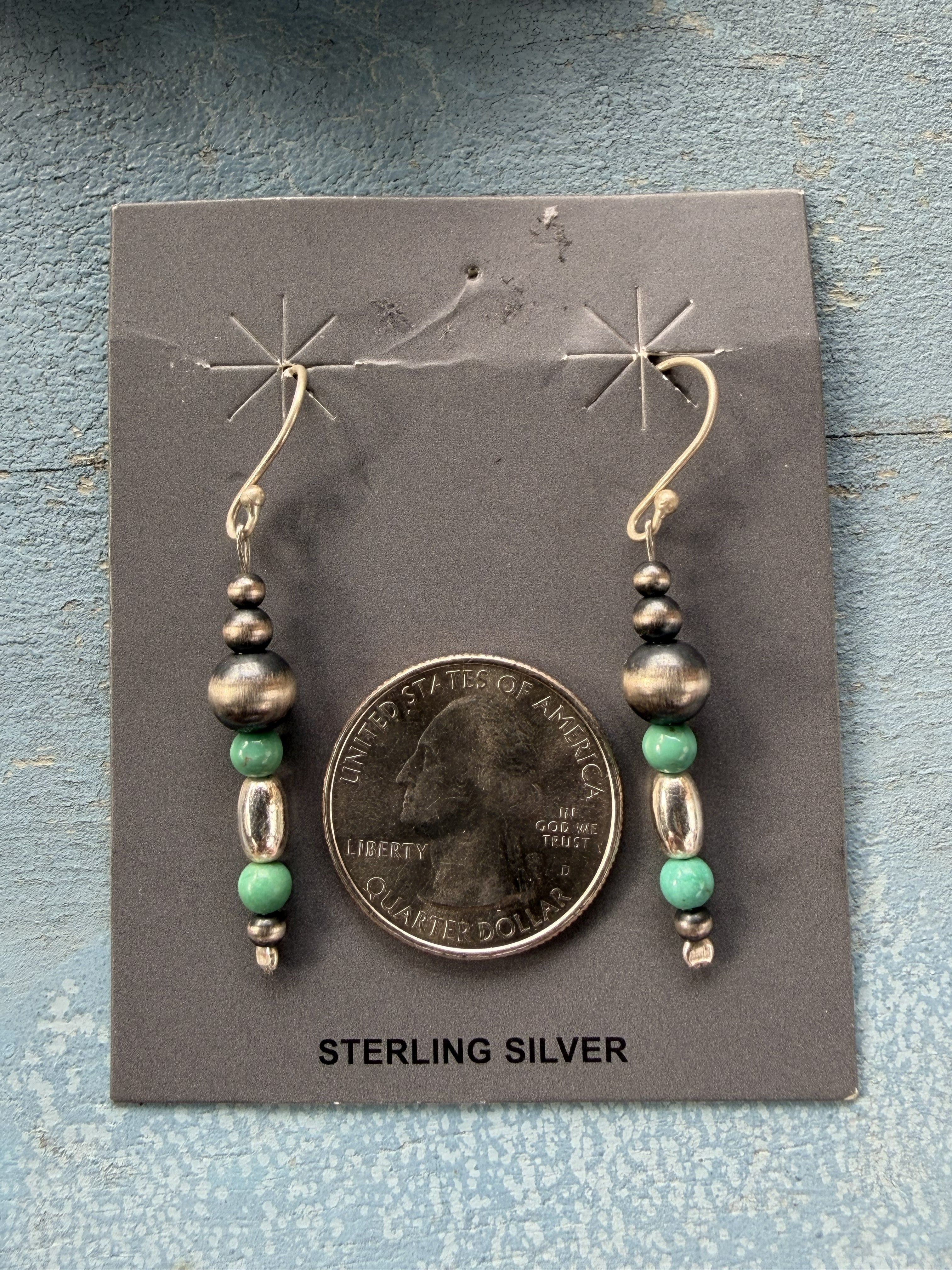 Sterling Silver Pearls with Green Turquoise Nugget Dangle Earrings