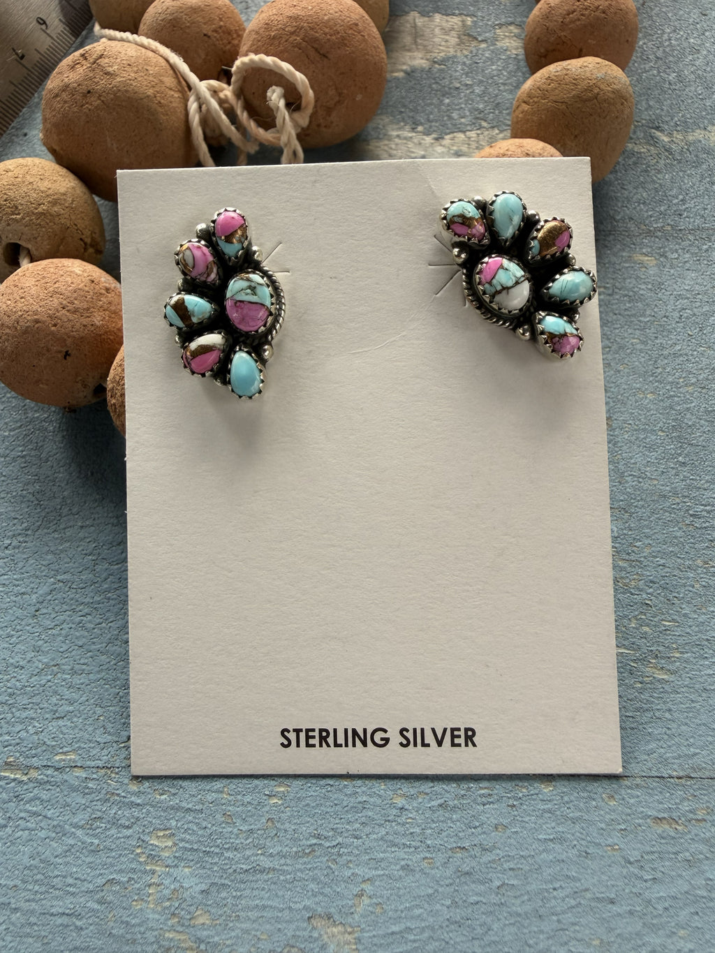 Small Sterling Silver with Cotton Candy Semi Cluster Earrings