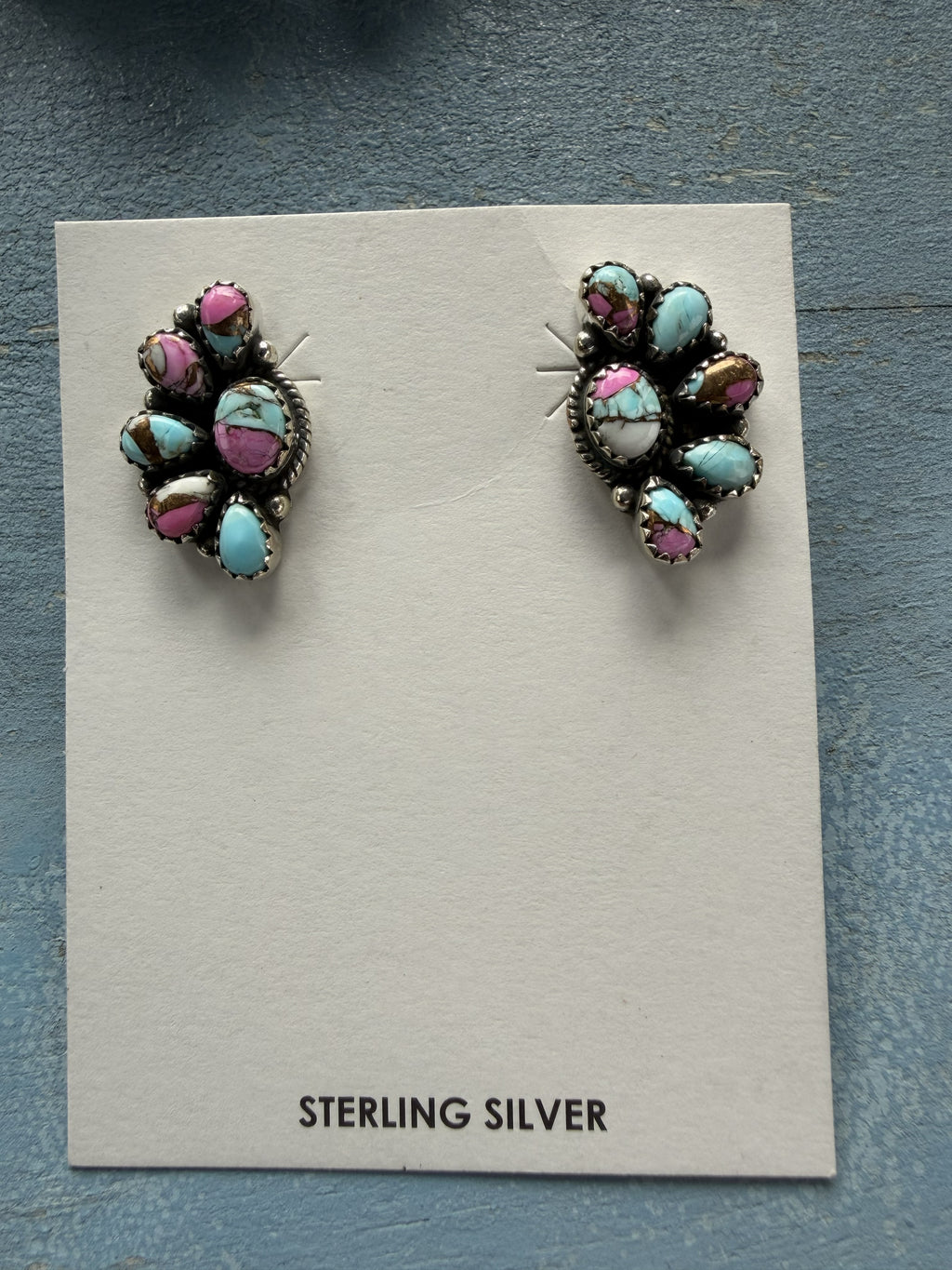 Small Sterling Silver with Cotton Candy Semi Cluster Earrings