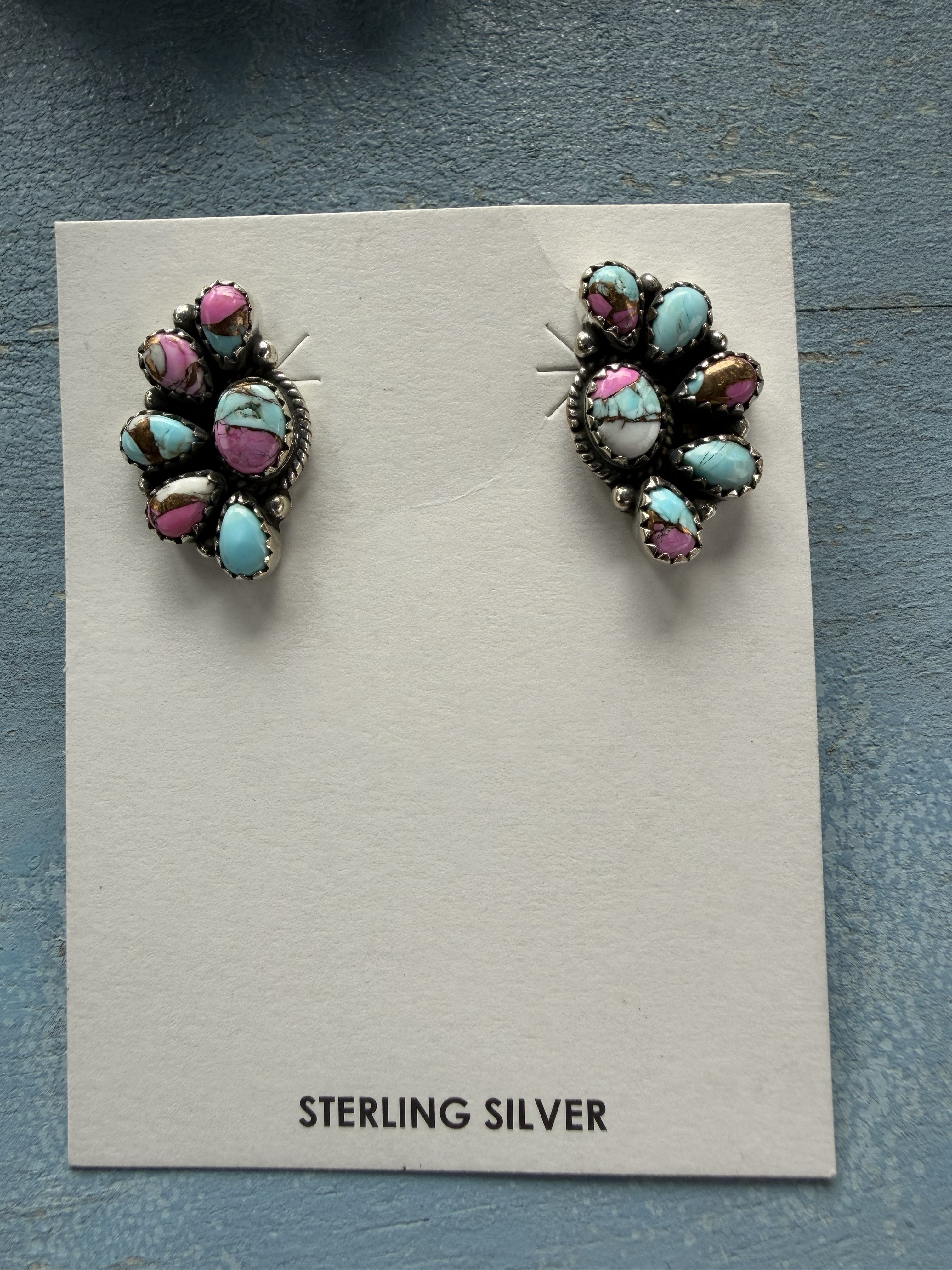 Small Sterling Silver with Cotton Candy Semi Cluster Earrings