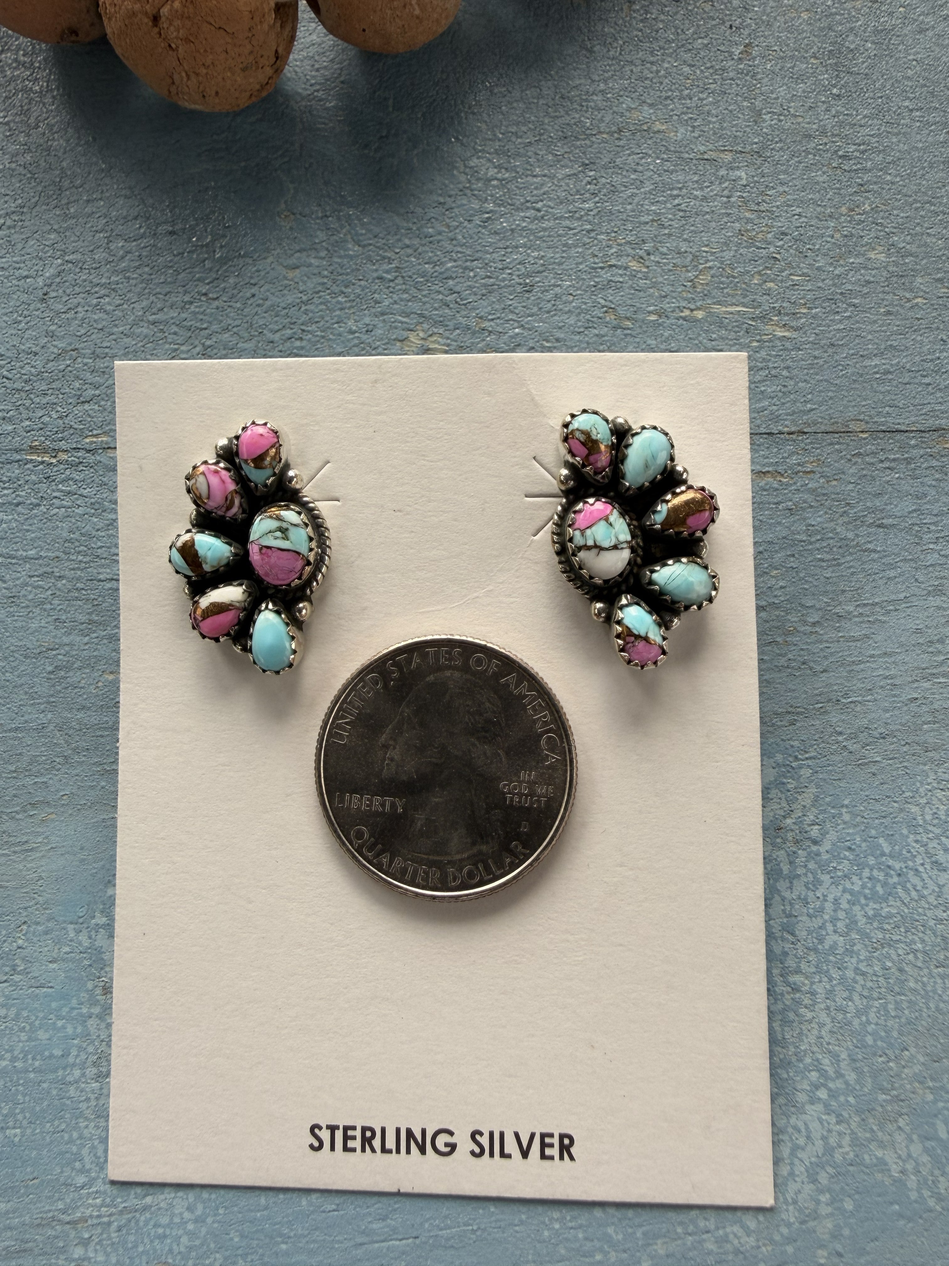 Small Sterling Silver with Cotton Candy Semi Cluster Earrings