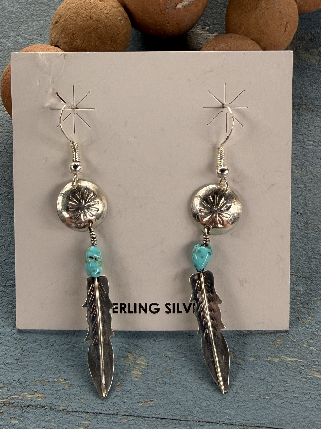 Sterling Silver Dream Catcher with Feather and Blue Turquoise Dangle Earrings