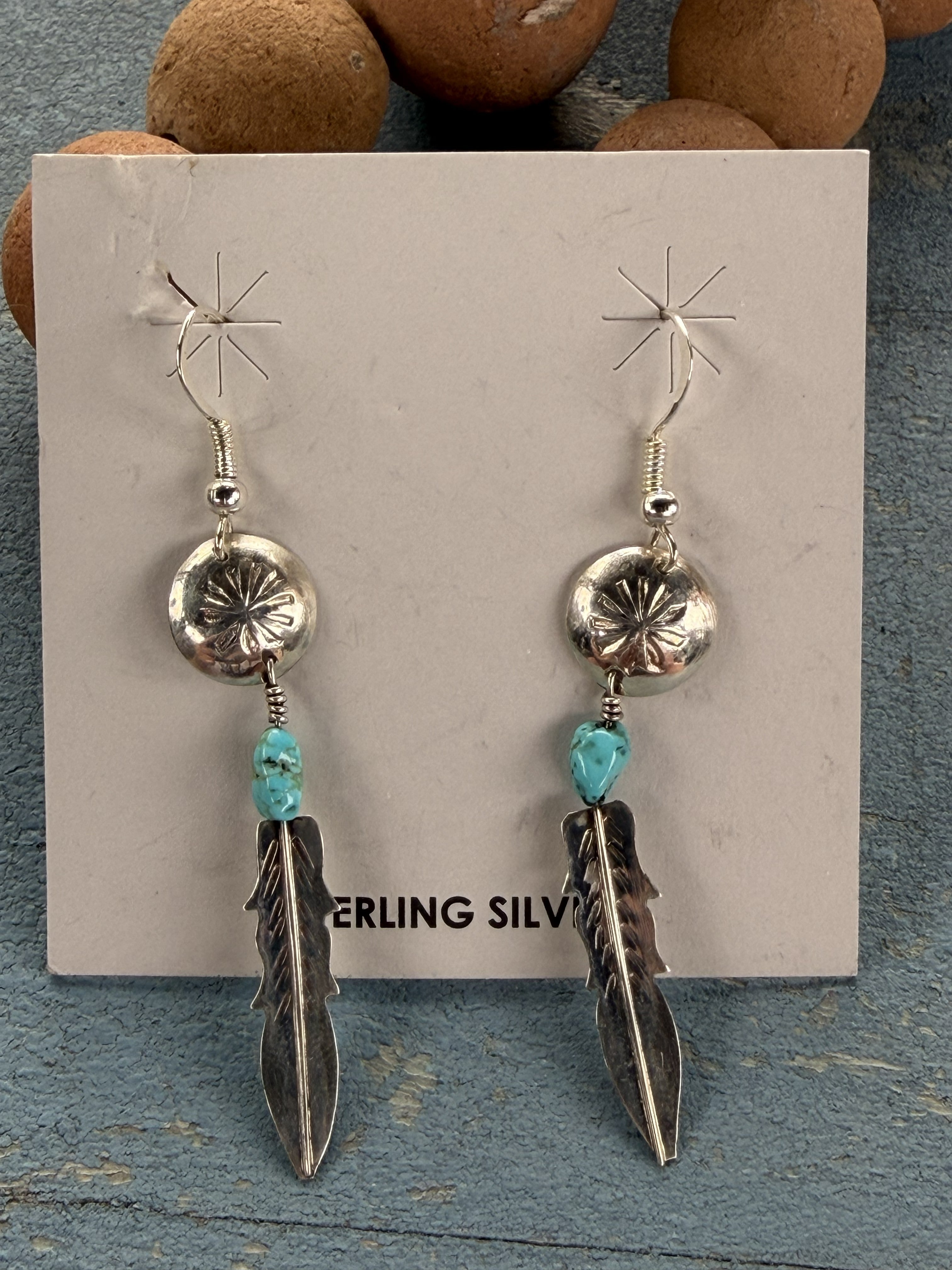 Sterling Silver Dream Catcher with Feather and Blue Turquoise Dangle Earrings