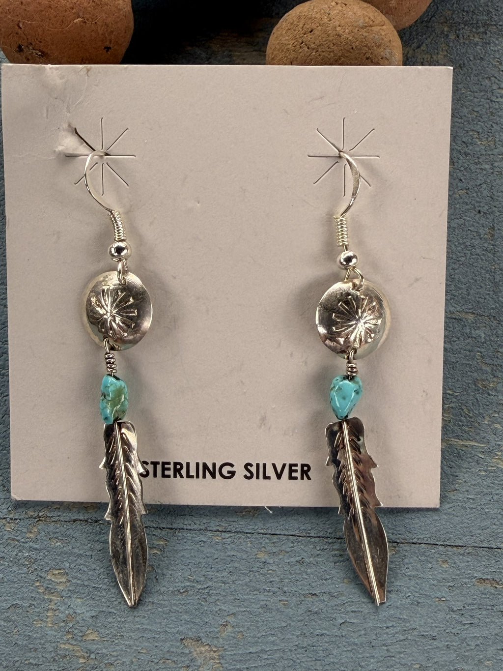 Sterling Silver Dream Catcher with Feather and Blue Turquoise Dangle Earrings
