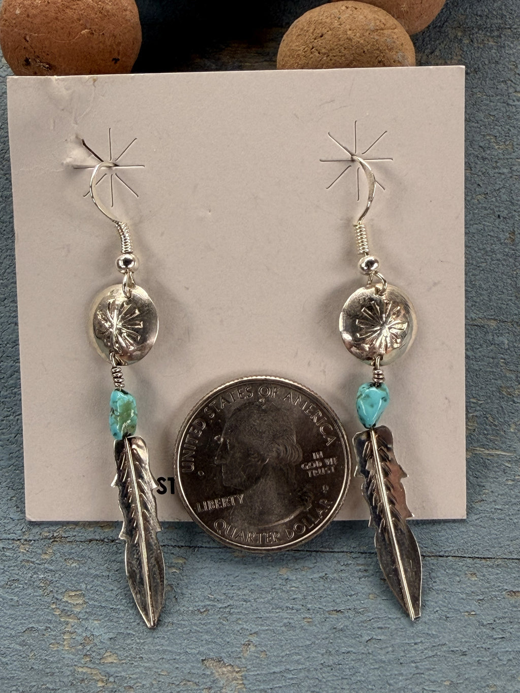 Sterling Silver Dream Catcher with Feather and Blue Turquoise Dangle Earrings