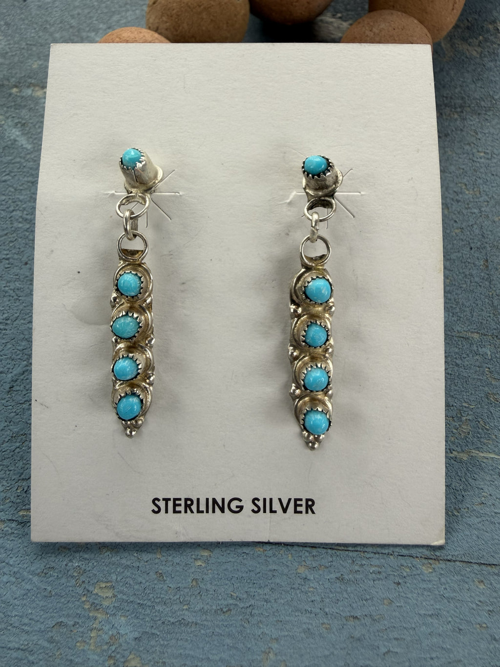 5 Stone Snake Eyes Blue Turquoise Sterling Silver Dangle Earrings