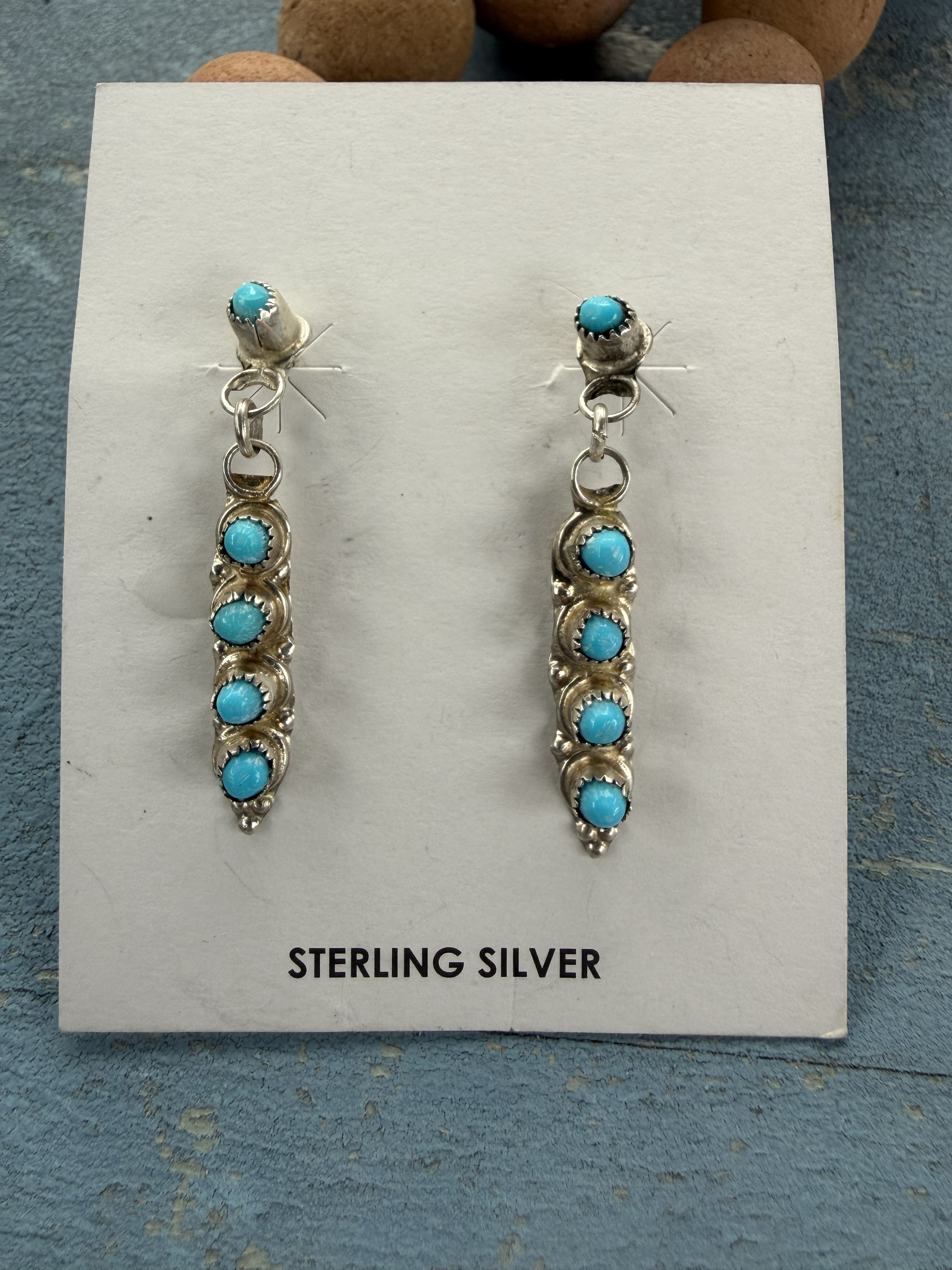 5 Stone Snake Eyes Blue Turquoise Sterling Silver Dangle Earrings