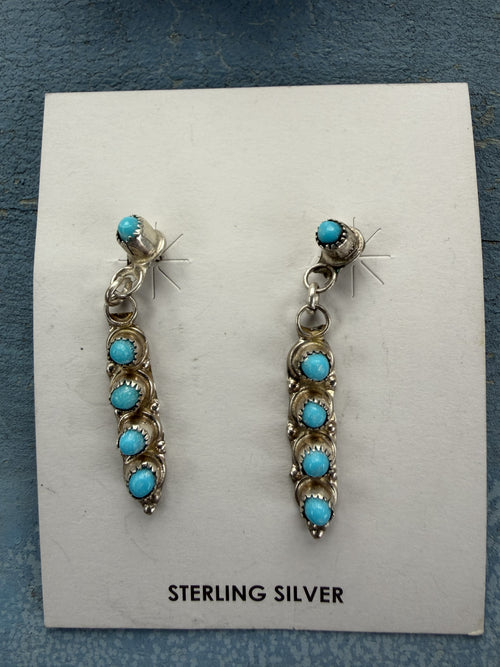 *Native American Made*  Navajo Allen Barney:  5 Stone Snake Eyes Blue Turquoise Sterling Silver Dangle Earrings