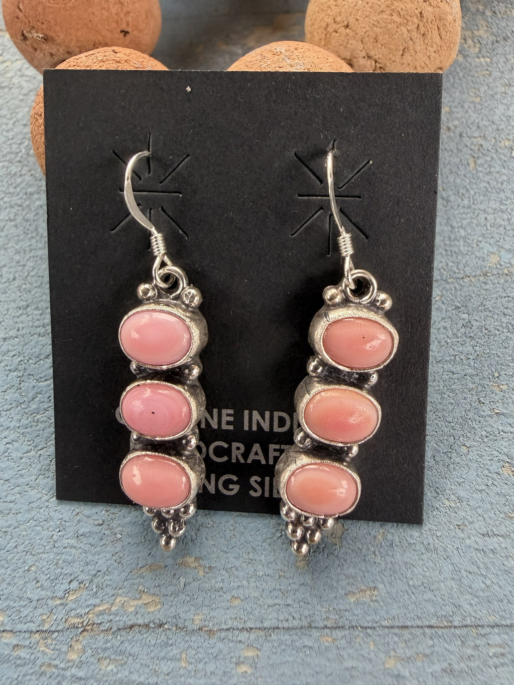 *Native American Made*  Navajo Gary Short: 3 Stone Pink Conch and Sterling Silver Dangle Earrings