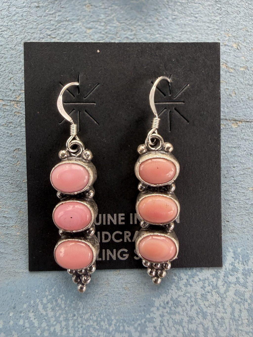 *Native American Made*  Navajo Gary Short: 3 Stone Pink Conch and Sterling Silver Dangle Earrings