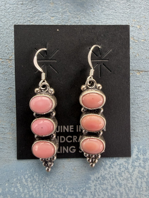 *Native American Made*  Navajo Gary Short: 3 Stone Pink Conch and Sterling Silver Dangle Earrings