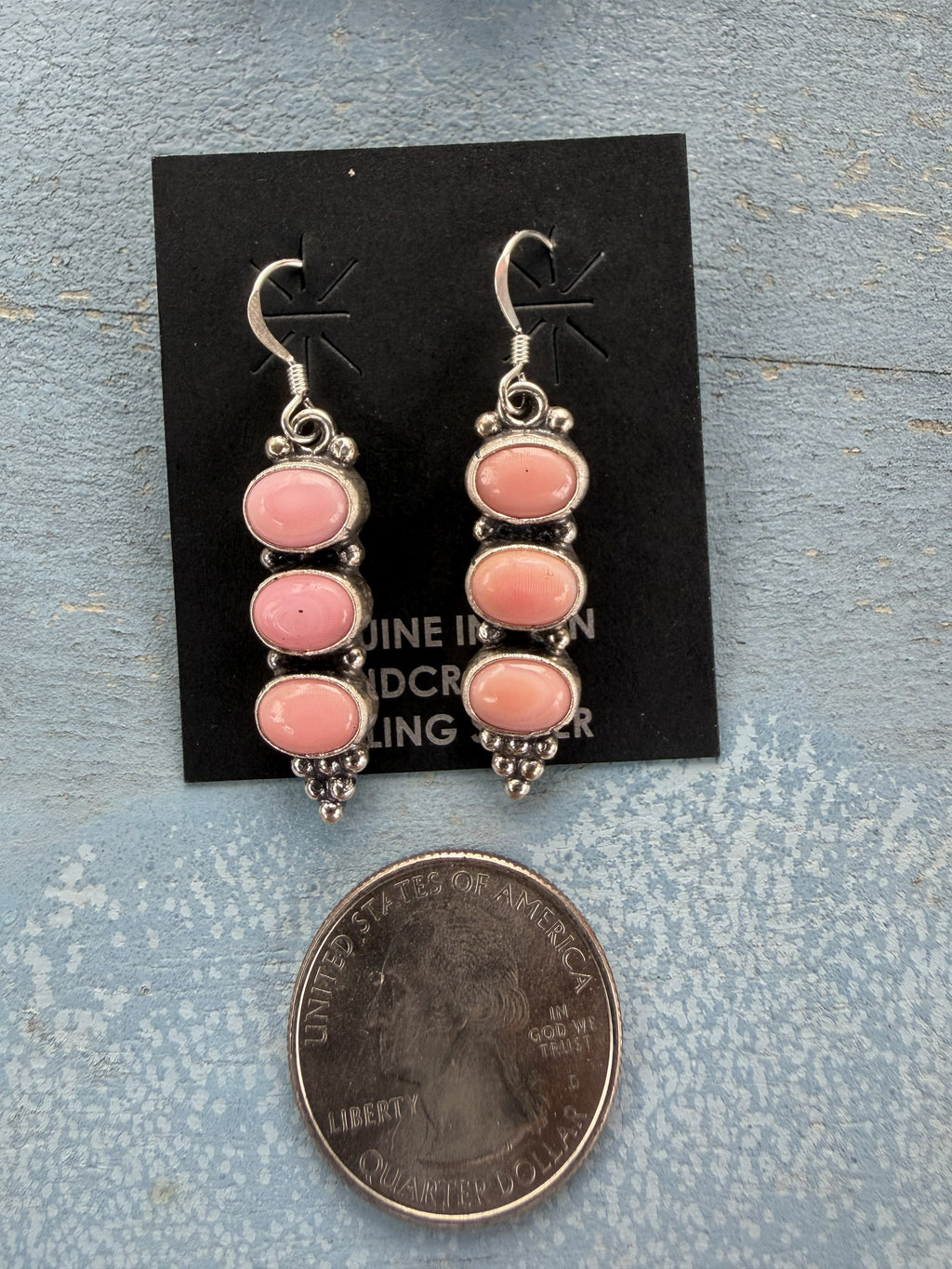 *Native American Made*  Navajo Gary Short: 3 Stone Pink Conch and Sterling Silver Dangle Earrings