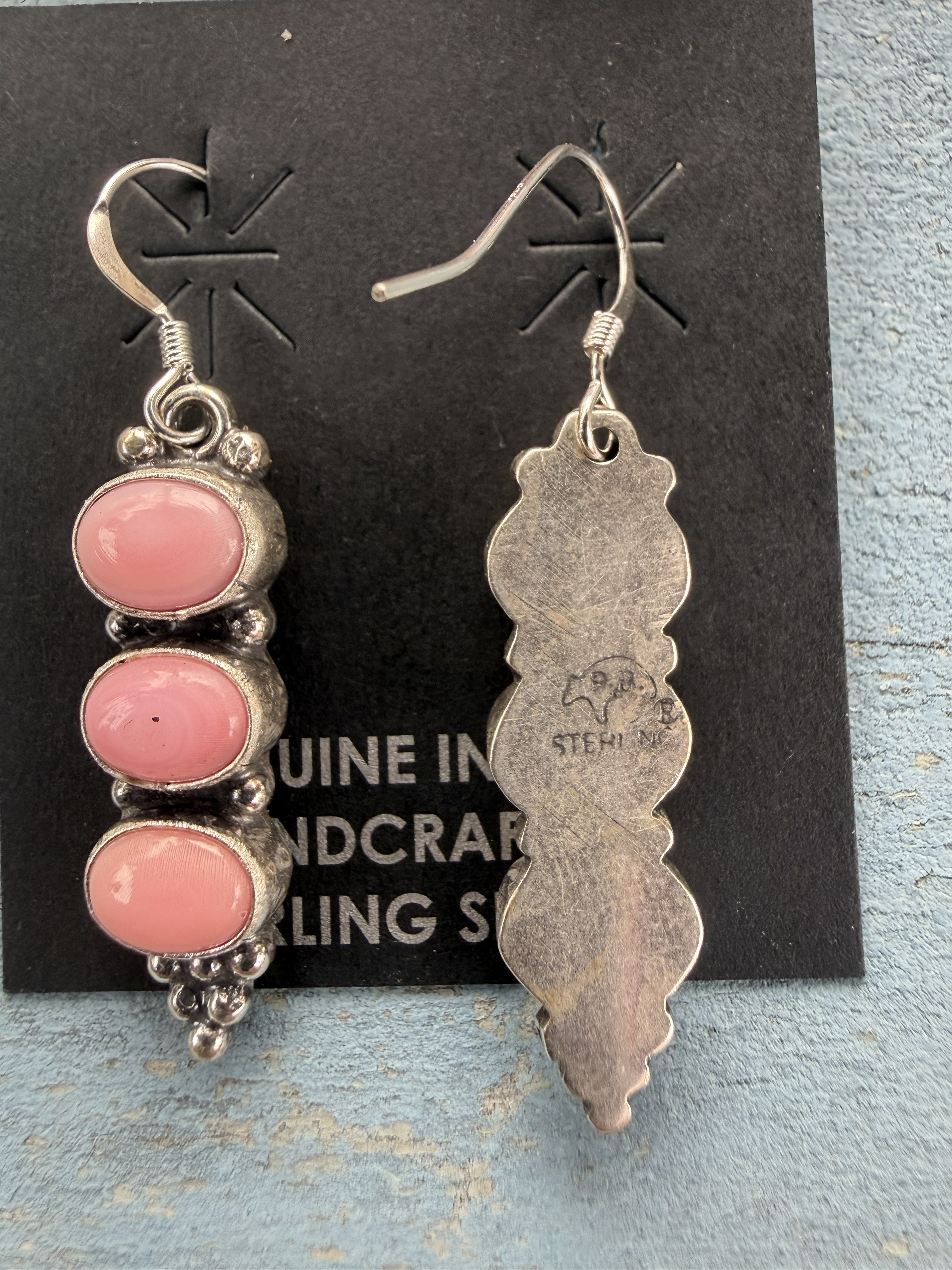 *Native American Made*  Navajo Gary Short: 3 Stone Pink Conch and Sterling Silver Dangle Earrings