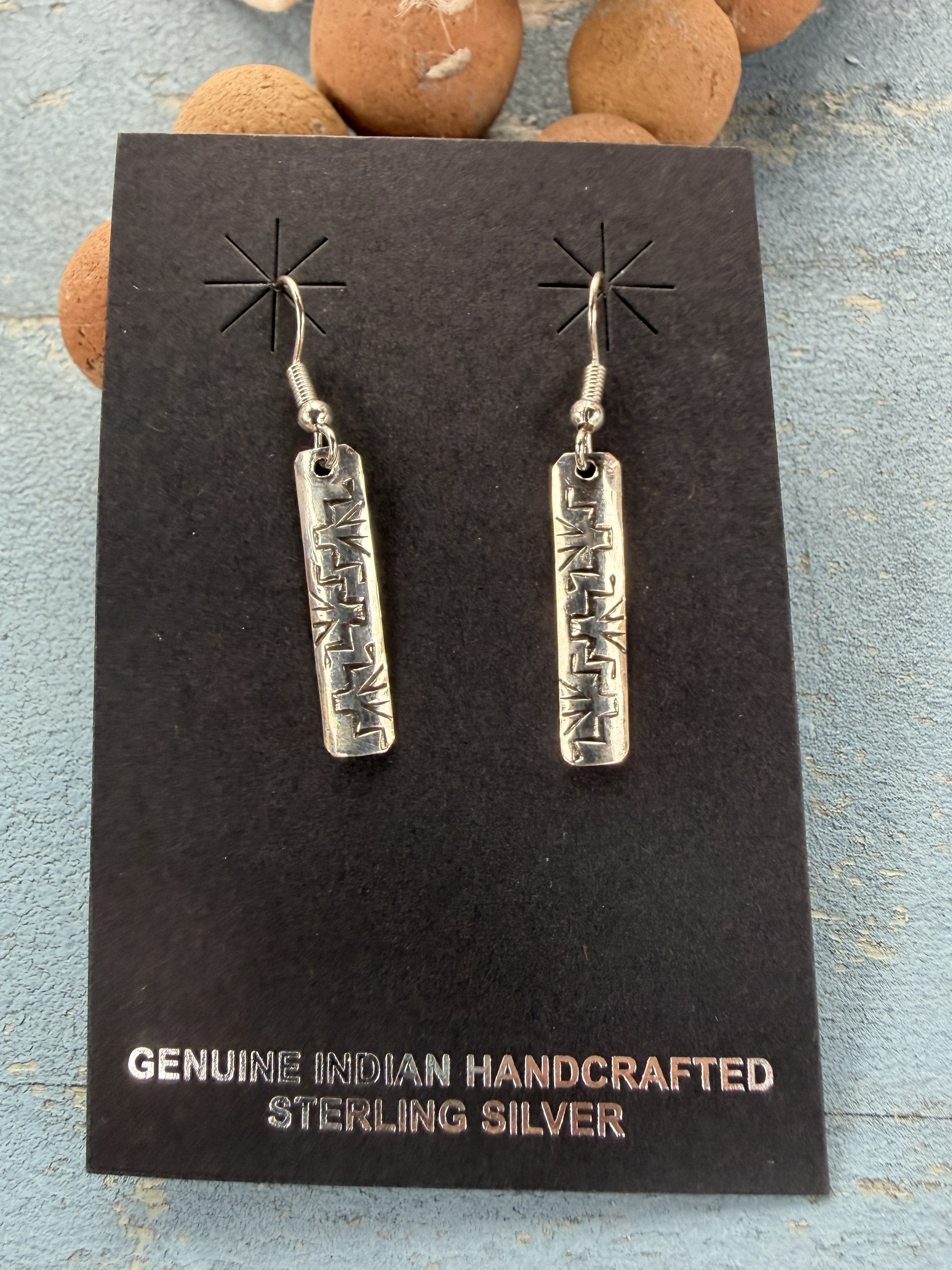 *Native American Made *  Navajo Florence Tahe Geometric Stamped Sterling Silver Dangle Earrings