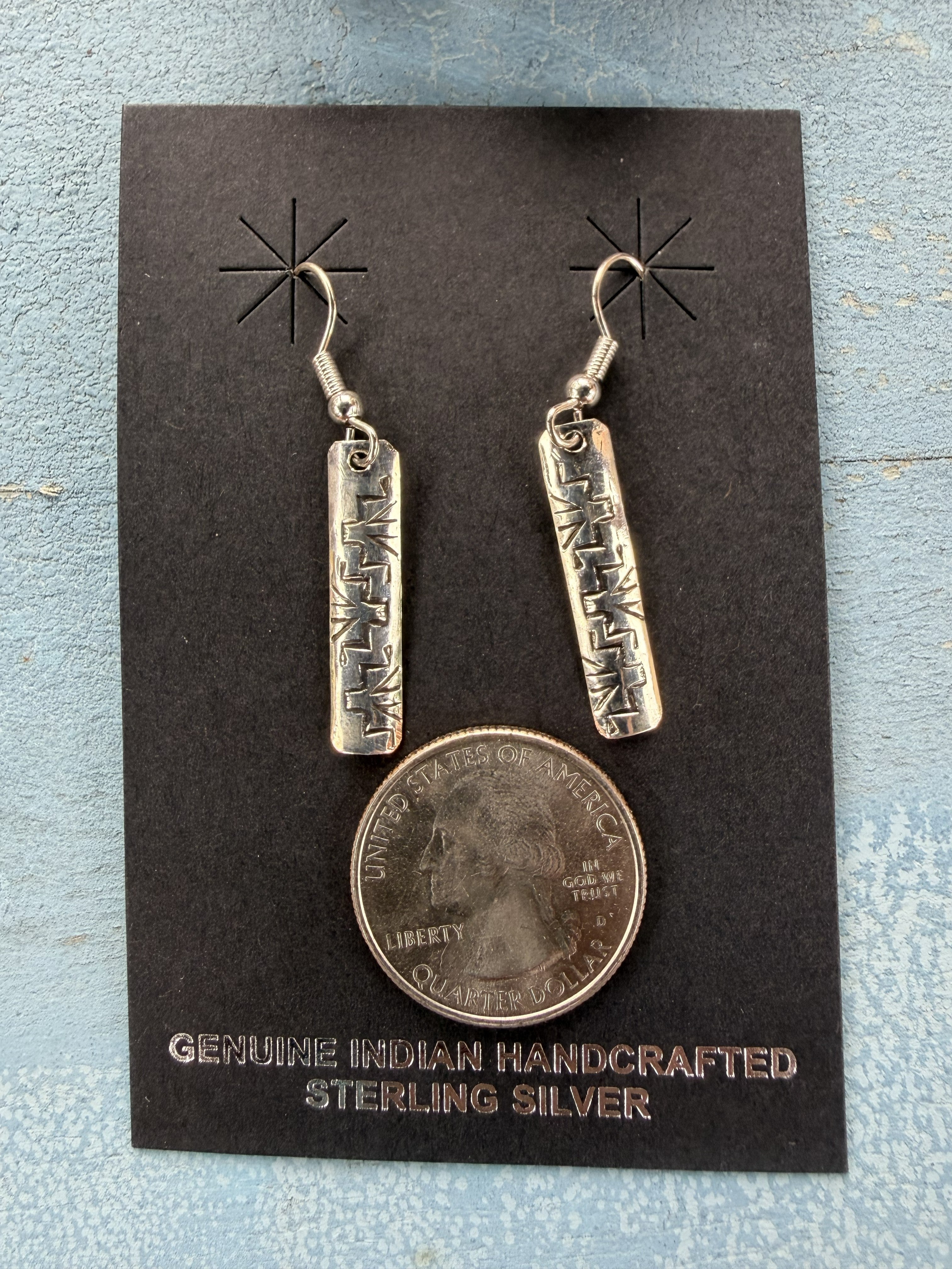 *Native American Made *  Navajo Florence Tahe Geometric Stamped Sterling Silver Dangle Earrings