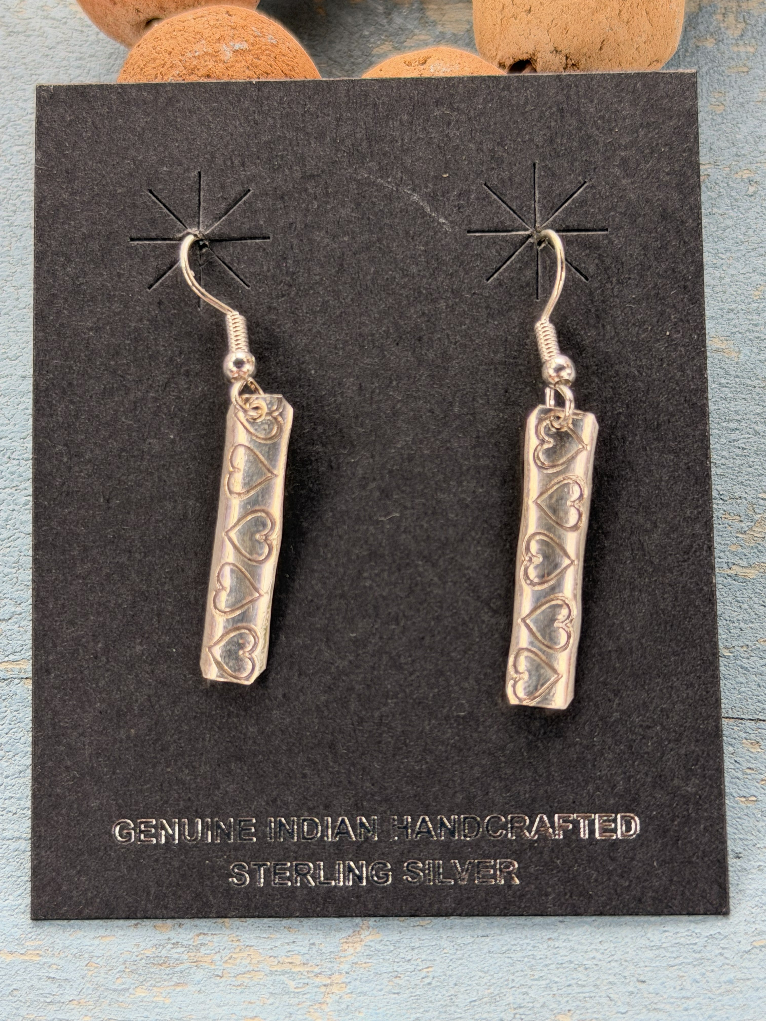 *Native American Made*  Navajo Florence Tahe Stamped Hearts Sterling Silver Dangle Earrings