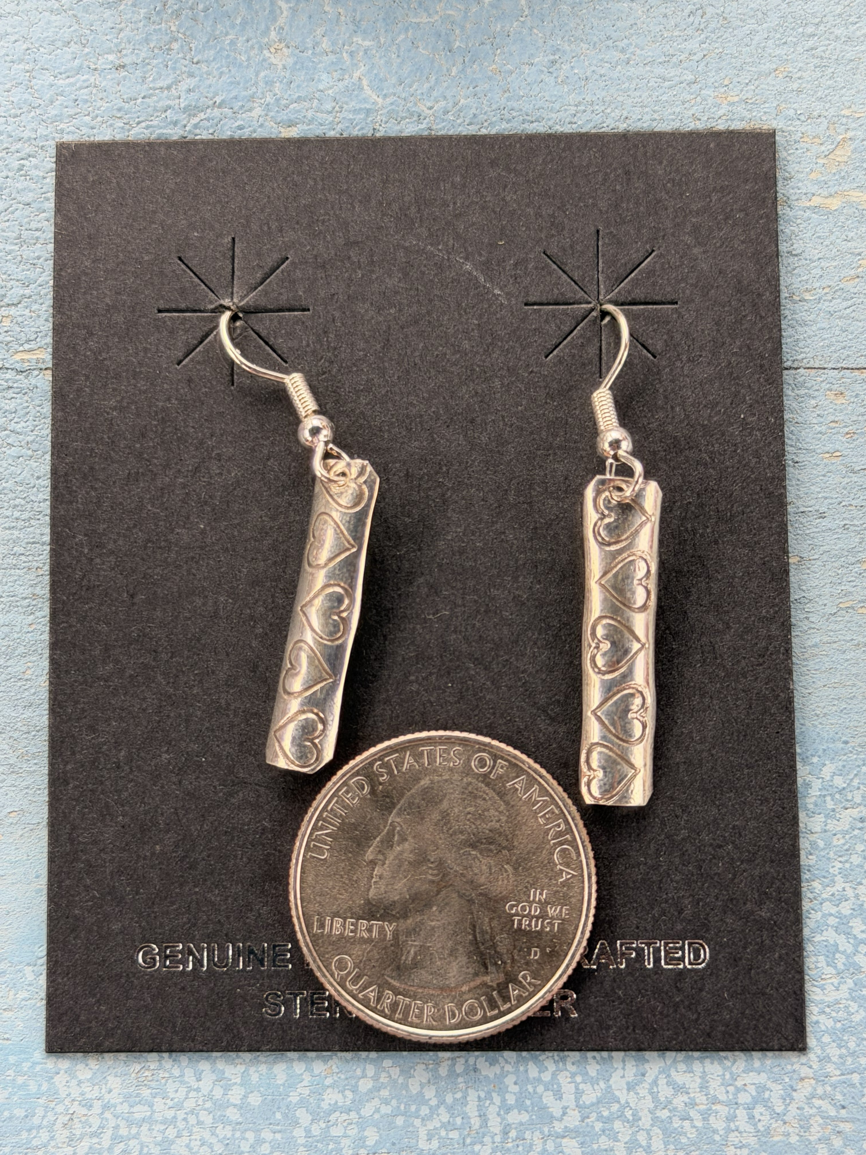 *Native American Made*  Navajo Florence Tahe Stamped Hearts Sterling Silver Dangle Earrings