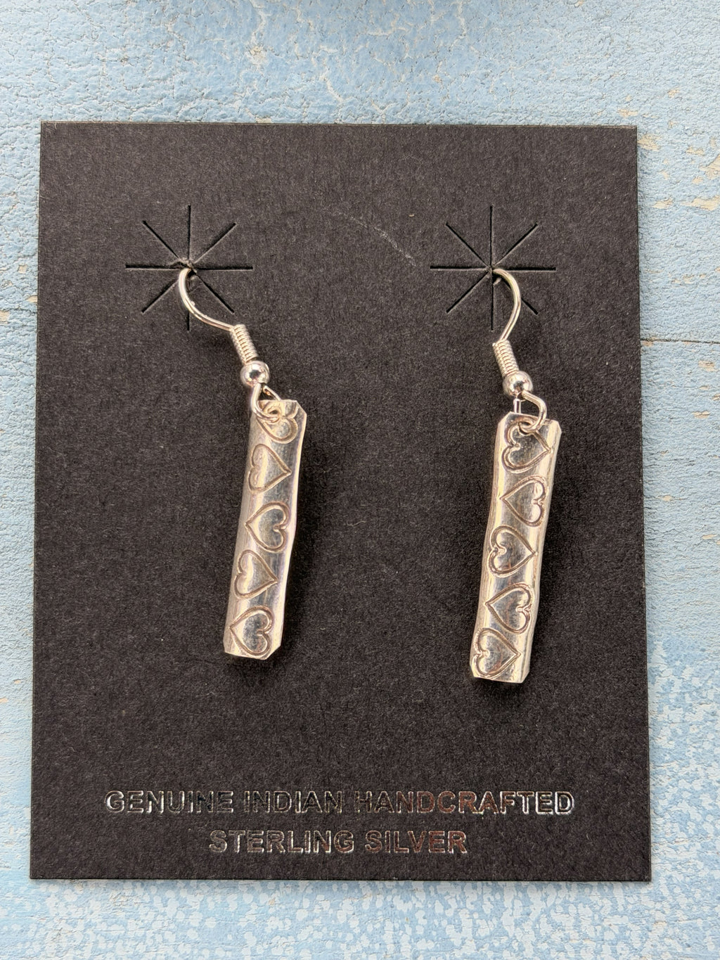 *Native American Made*  Navajo Florence Tahe Stamped Hearts Sterling Silver Dangle Earrings
