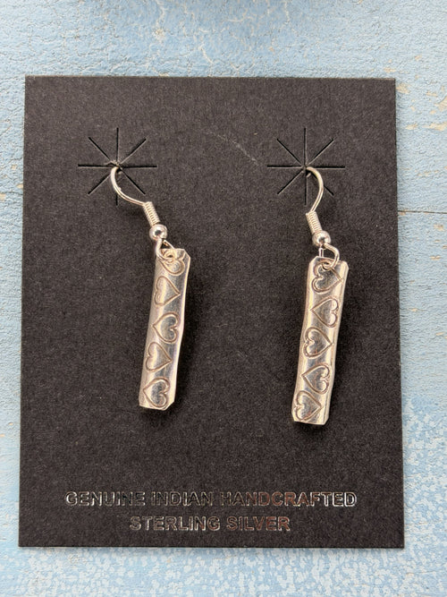 *Native American Made*  Navajo Florence Tahe Stamped Hearts Sterling Silver Dangle Earrings