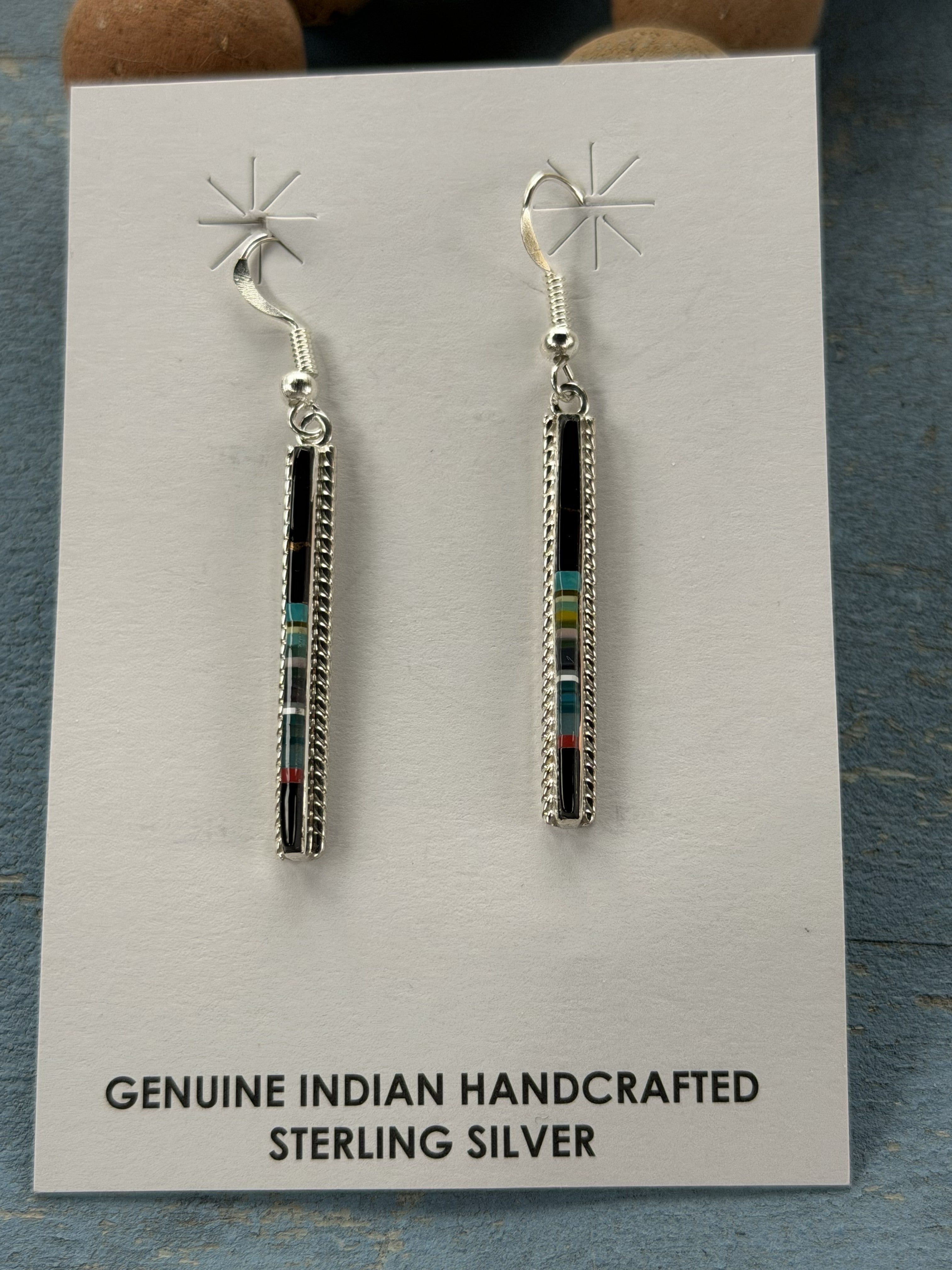 *Native American Made* Navajo Allen Barney:  Sterling Silver with Inlay Dangle Earrings