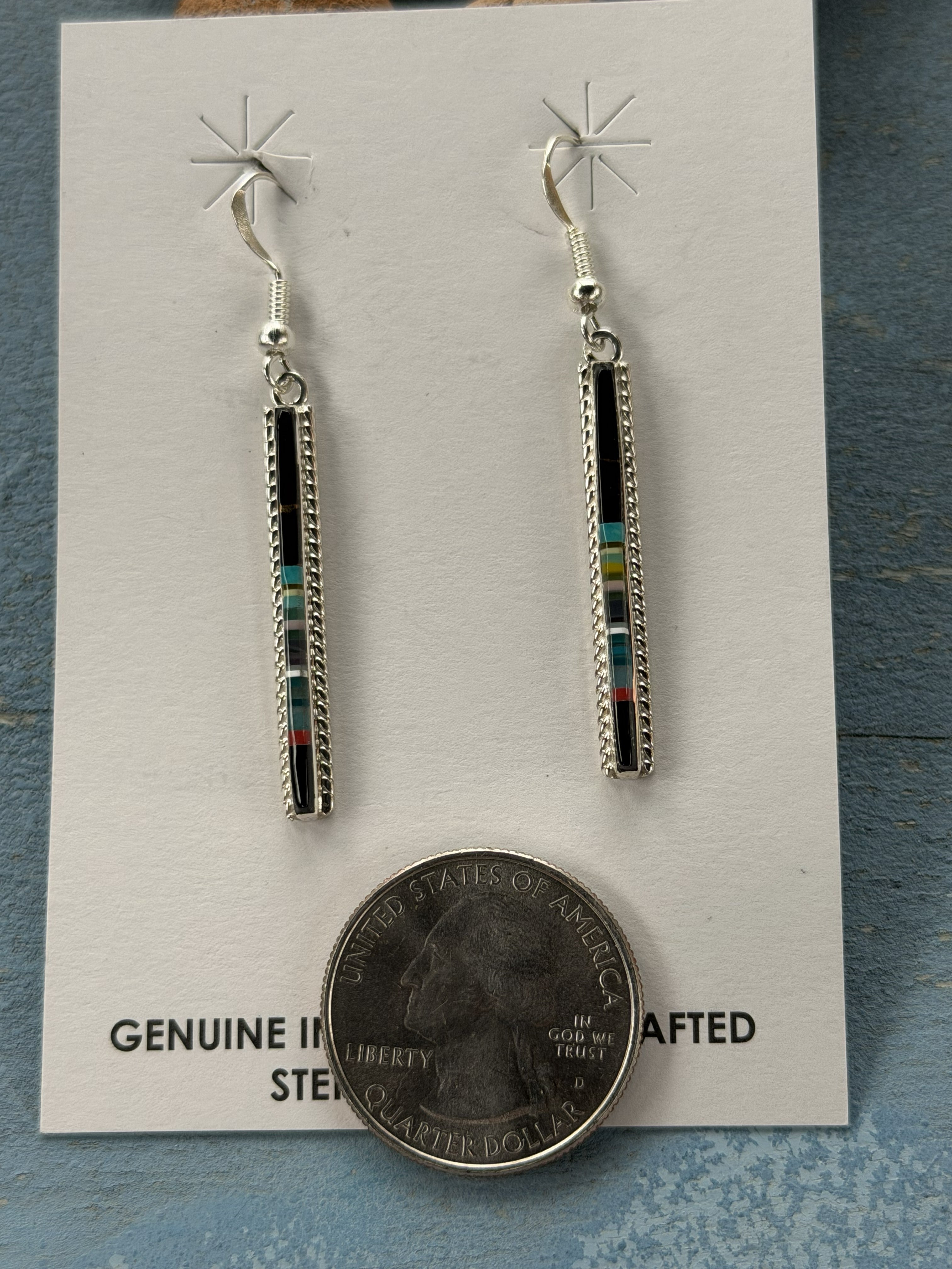 *Native American Made* Navajo Allen Barney:  Sterling Silver with Inlay Dangle Earrings